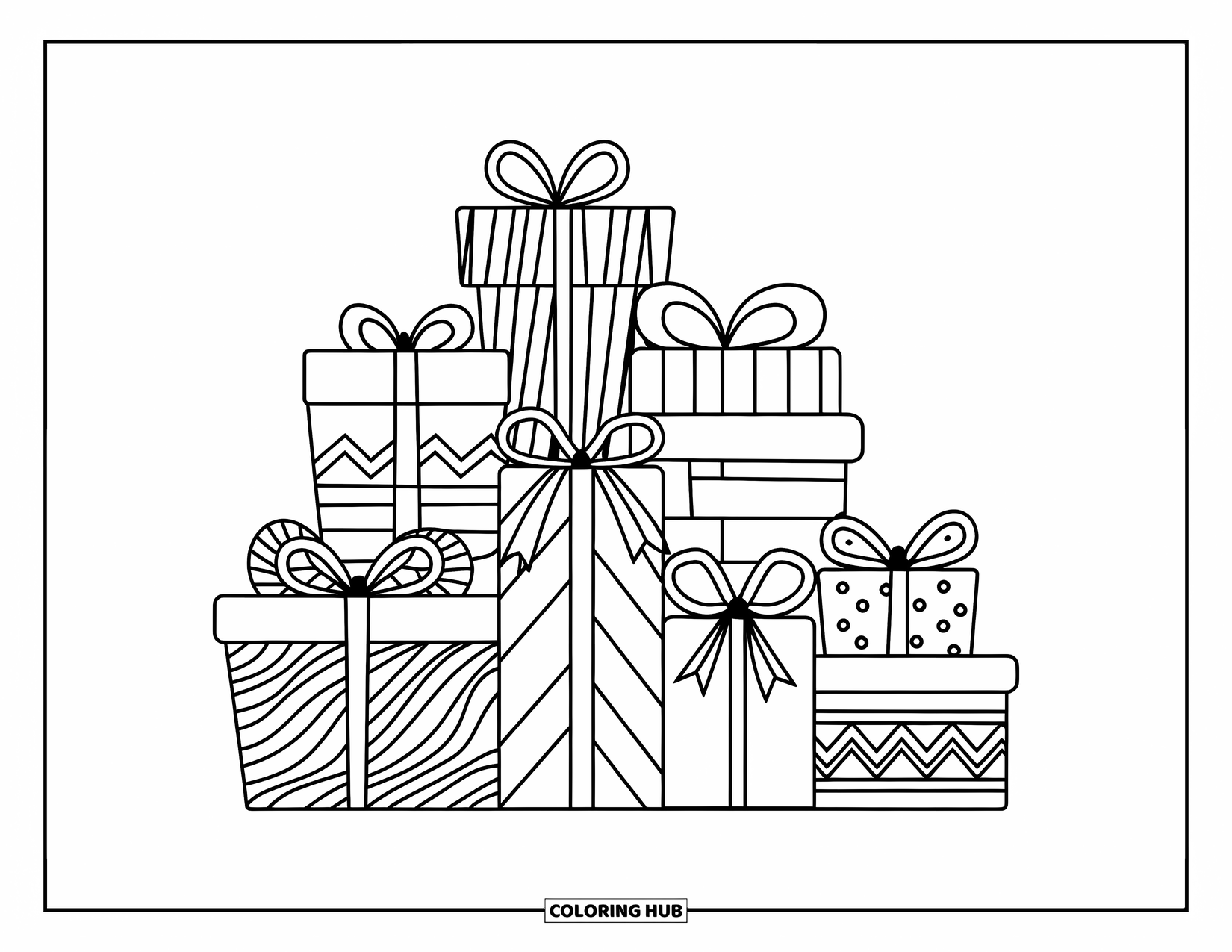 Winter Kleurplaat voor Kinderen: Een stapel ingepakte wintercadeaus, elk versierd met unieke strikken en feestelijke patronen