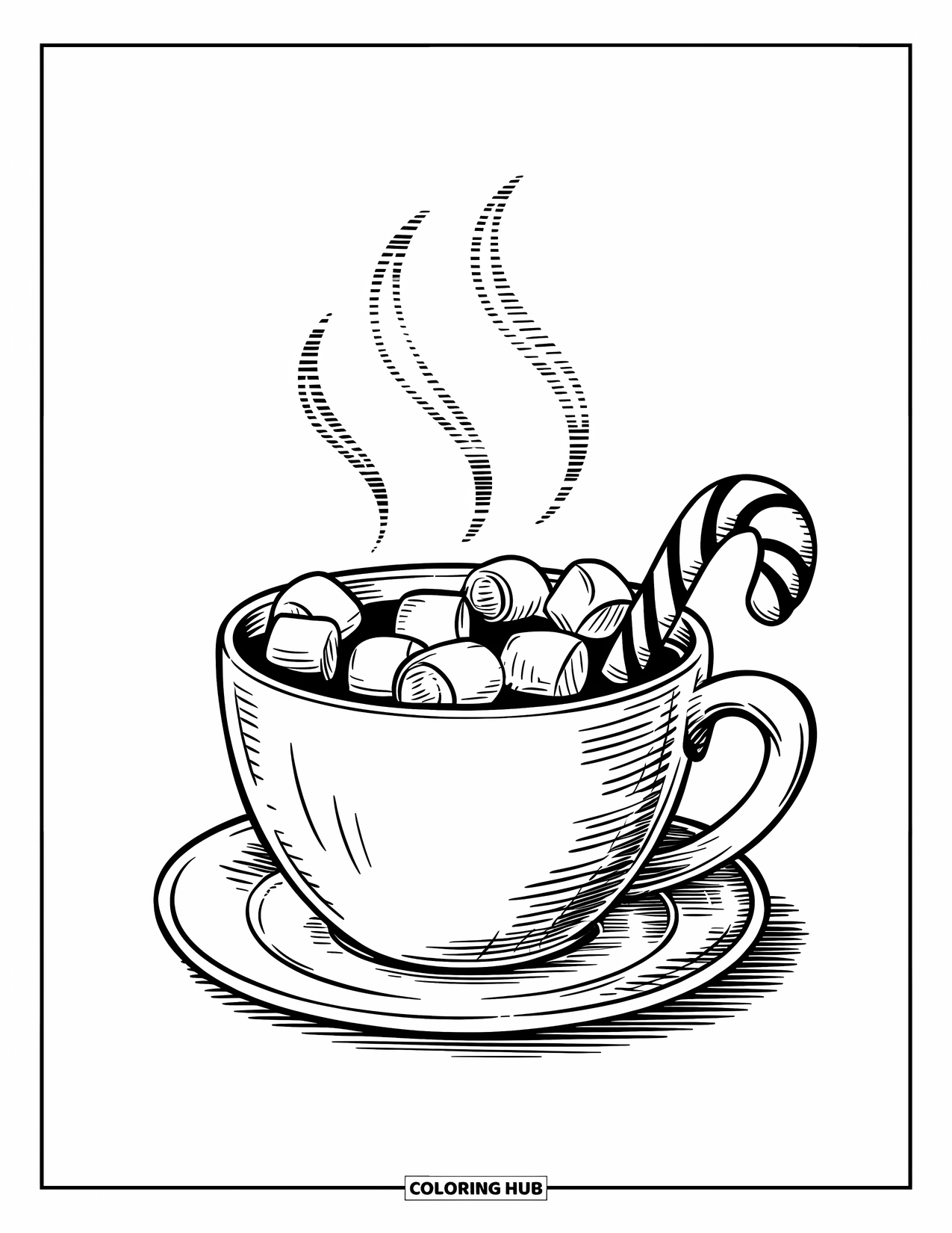 Winter Kleurplaat voor Kinderen: Een stomende beker warme chocolademelk met marshmallows, met stoomwervelingen die erboven opstijgen