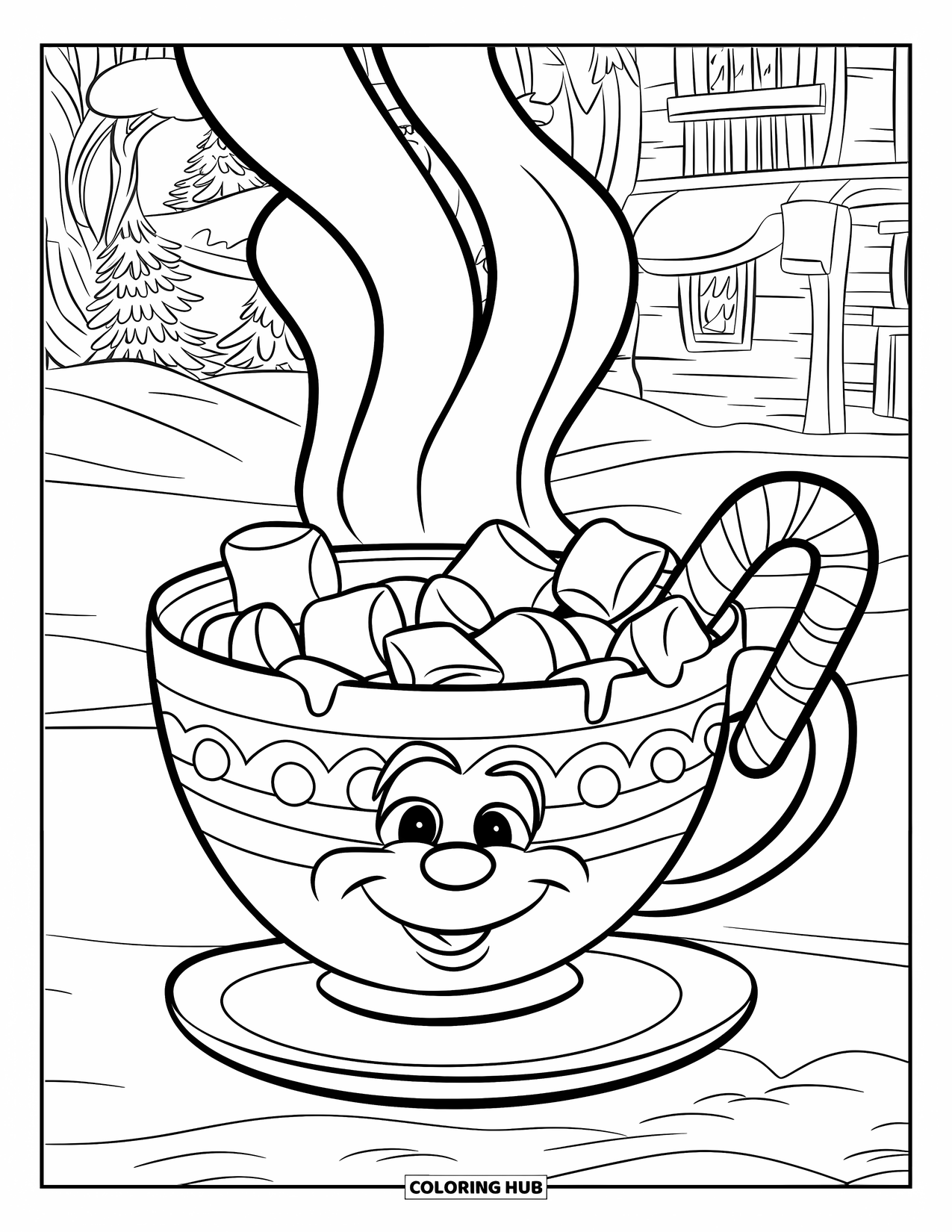 Winter Kleurplaat voor Kinderen: Een stomende kop warme chocolademelk met marshmallows en een zuurstok, vastgehouden door een vrolijk personage