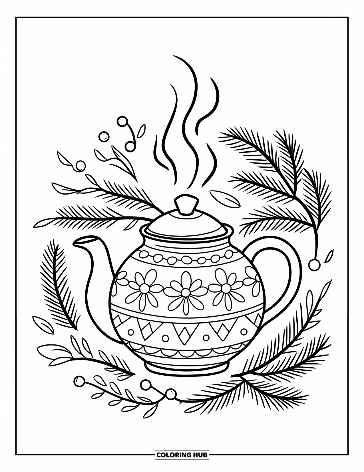 Winter Kleurplaat voor Kinderen: Een stomende theepot met een decoratief winterontwerp, omringd door dennentakken, bessen en bloemblaadjes