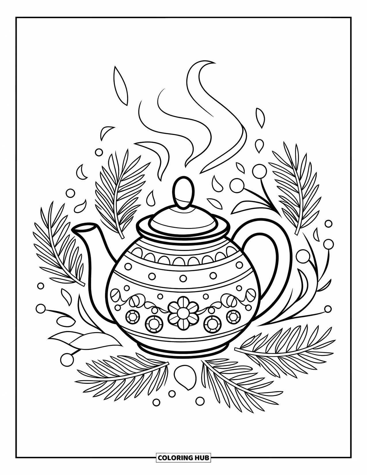 Winter Kleurplaat voor Kinderen: Een stomende theepot met een winterontwerp, omlijst door dennentakken, bessen en verspreide bloemblaadjes