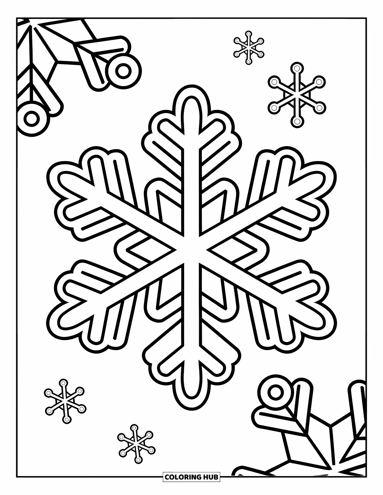 Winter Kleurplaat voor Kinderen: Een unieke zesarmige sneeuwvlok met verschillende patronen, met kleinere sneeuwvlokken die eromheen zweven