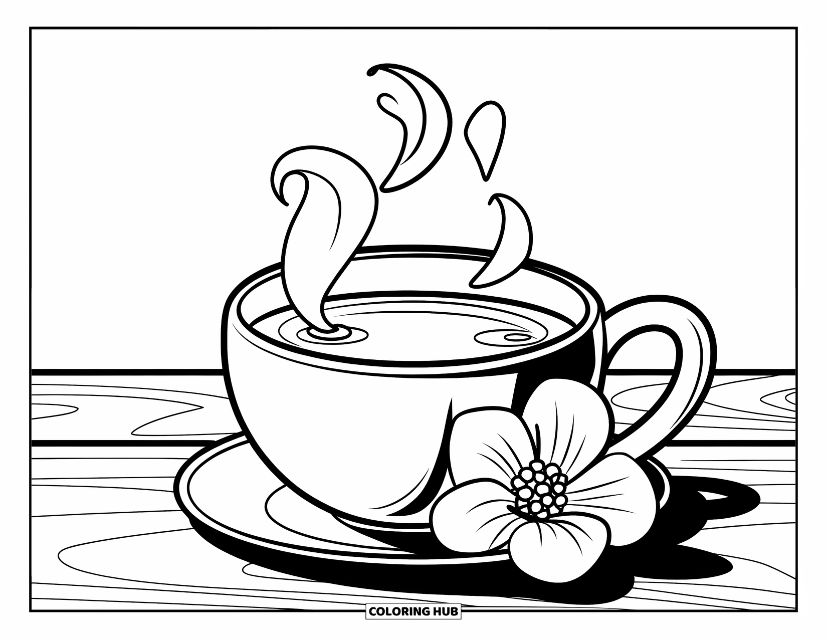 Winter Kleurplaat voor Kinderen: Een warme mok thee met zachte stoomwervelingen, rustend op een houten oppervlak naast een bloem