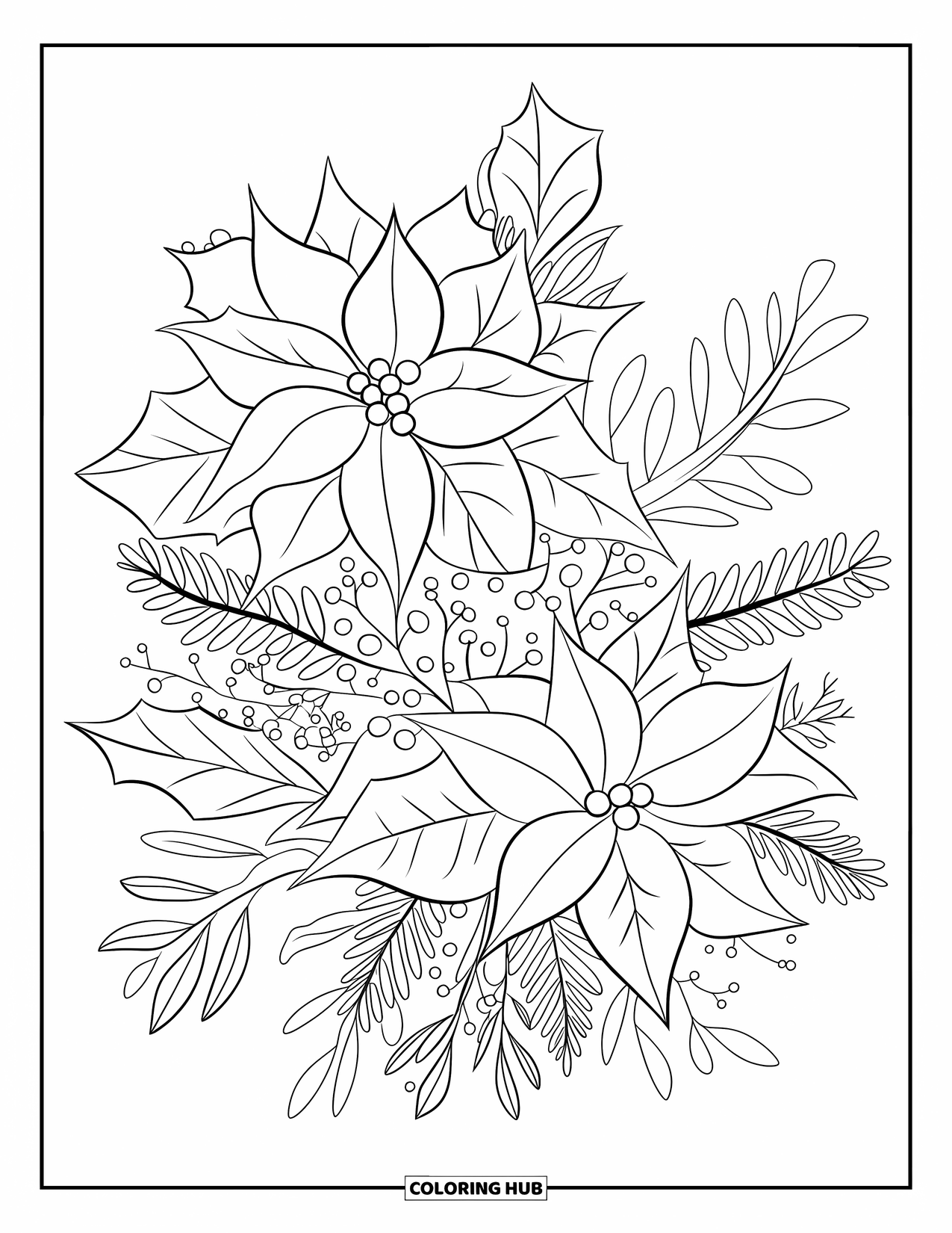 Winter Kleurplaat voor Kinderen: Een winterboeket gevuld met kerststerren, hulstbladeren, dennenappels en delicate, door vorst gekuste bloemen