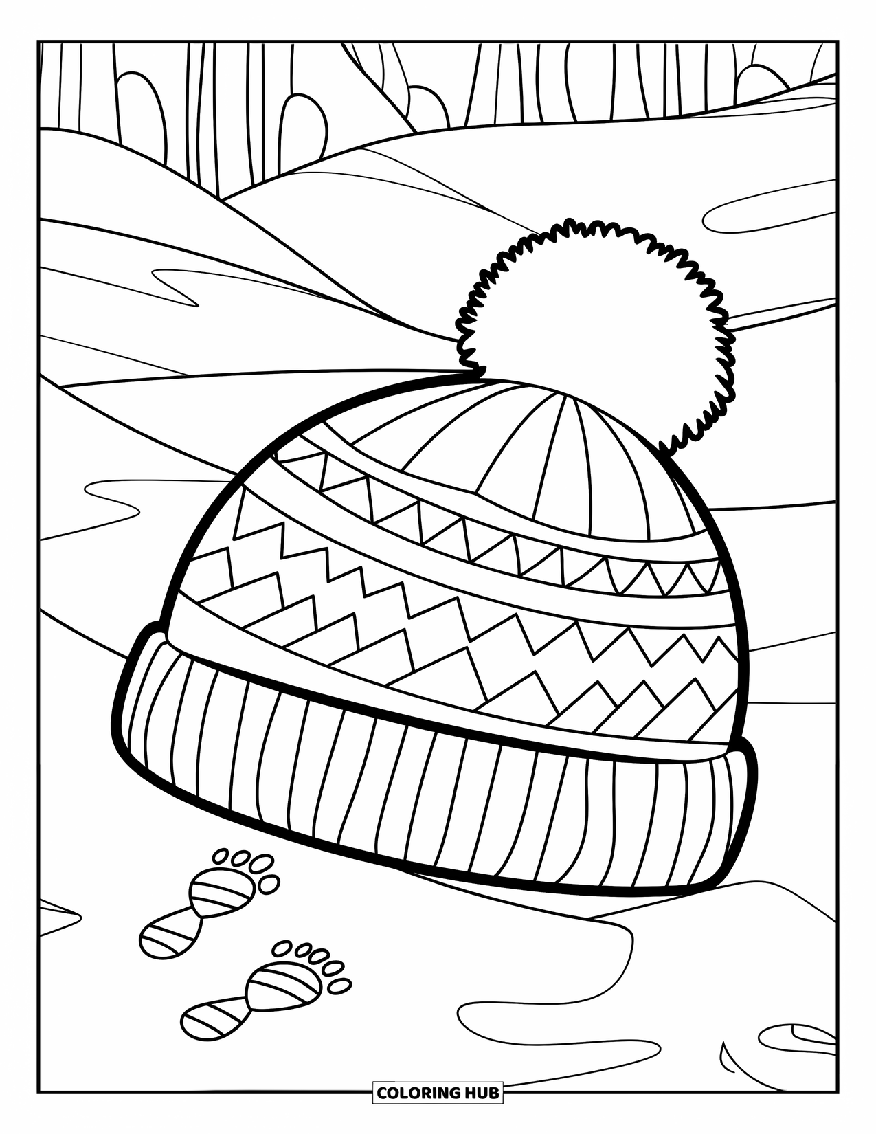 Winter Kleurplaat voor Kinderen: Een wintermuts met een pluizige pompon, rustend op een besneeuwd terrein met voetstappen die ernaartoe leiden