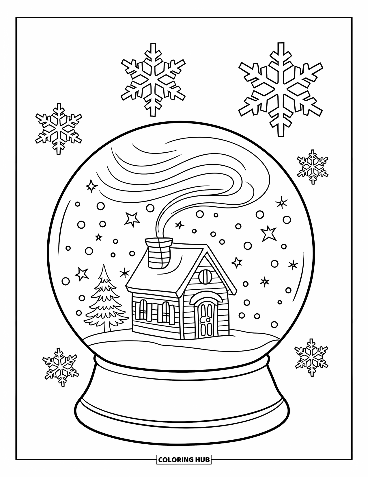 Winter Kleurplaat voor Kinderen: Een winterse sneeuwbol met een huis waar rook uit de schoorsteen komt en sneeuw dwarrelt