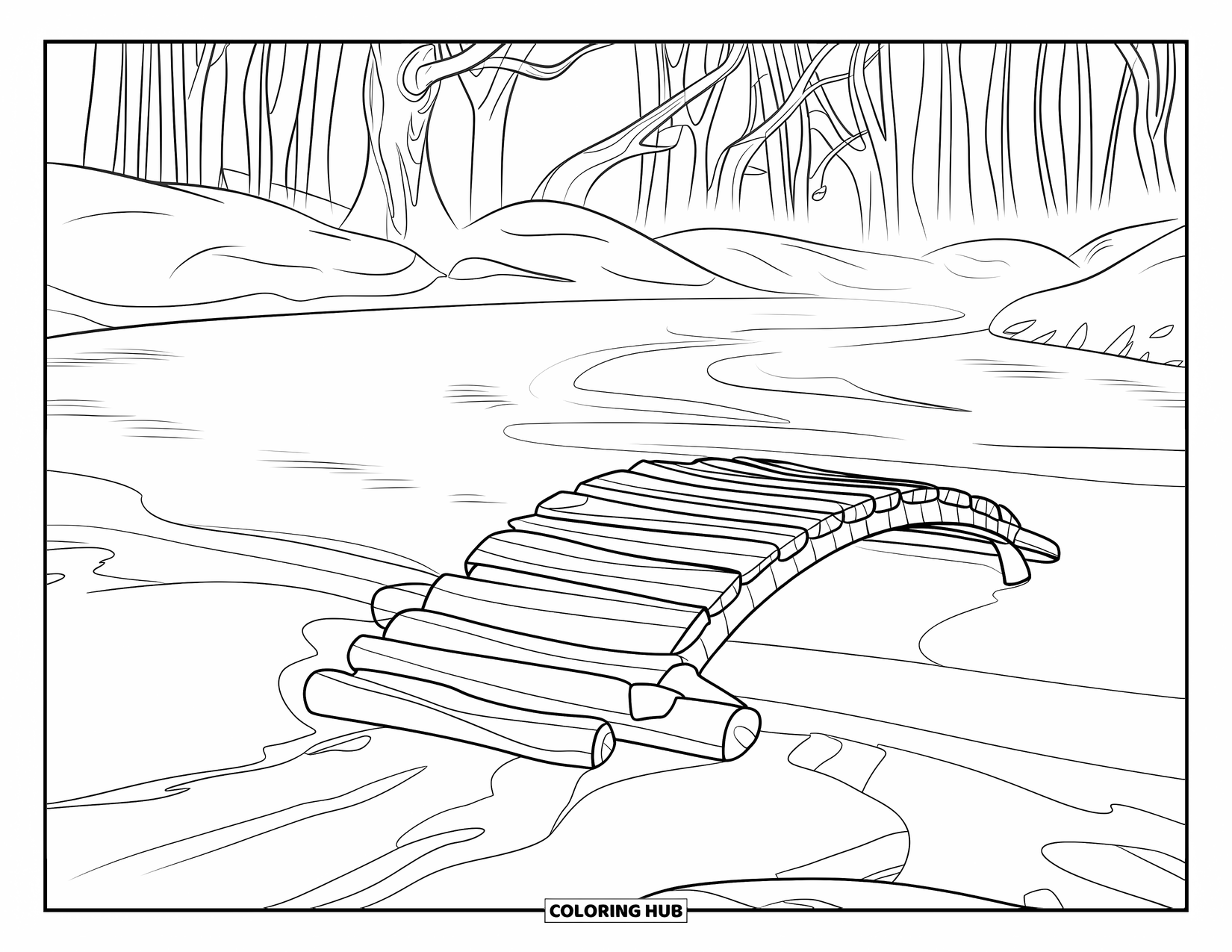 Winter Kleurplaat voor Kinderen: Een houten brug over een bevroren rivier, met mist die opstijgt in de koude winterlucht