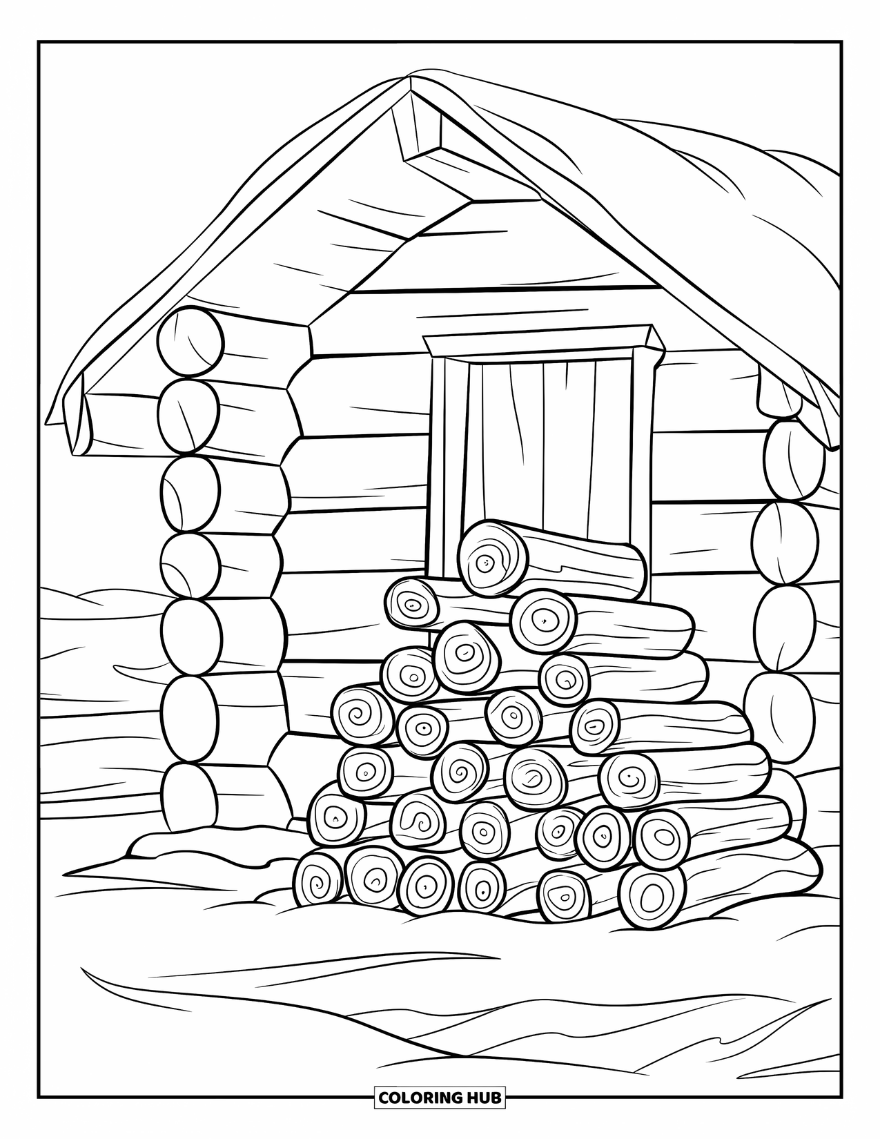 Winter Kleurplaat voor Kinderen: Een houten hut met een schuin dak, boomstammen ernaast gestapeld en sneeuw die de grond bedekt
