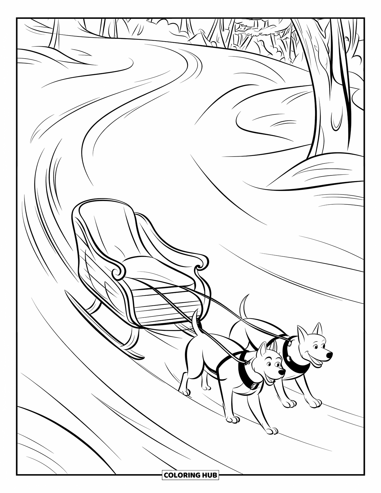 Winter Kleurplaat voor Kinderen: Een houten slee die een besneeuwde heuvel af glijdt, getrokken door twee energieke honden door een winterlandschap