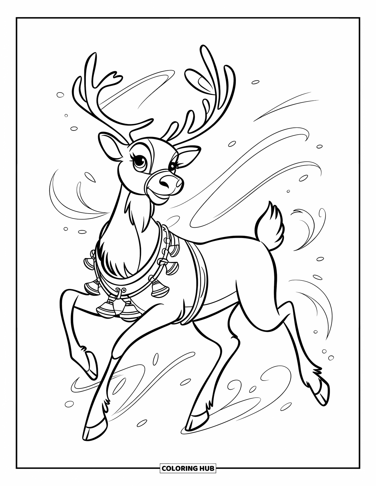 Winter Kleurplaat voor Kinderen: Een elegant rendier in volle draf, met een decoratief tuig met bellen, omringd door wervelende windpatronen