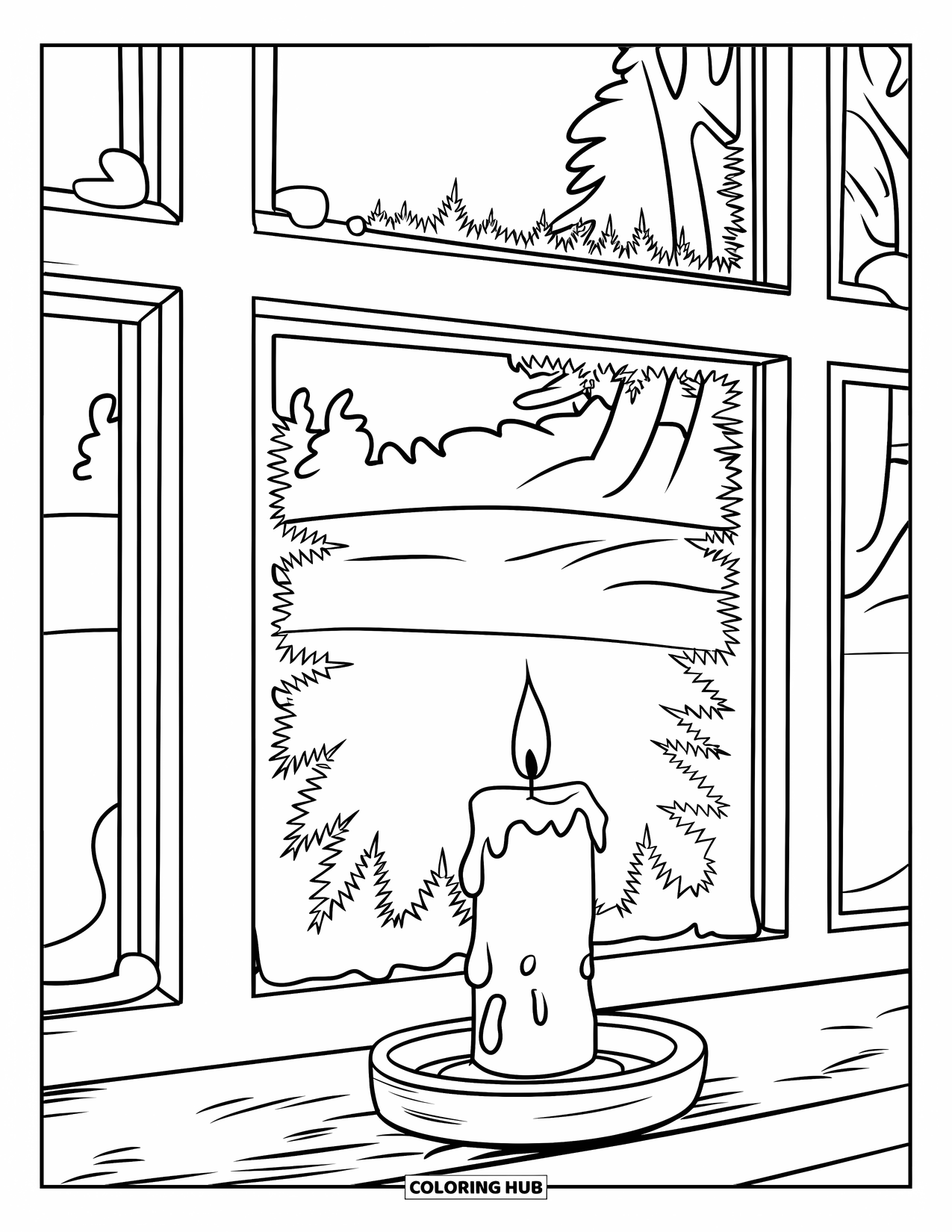 Winter Kleurplaat voor Kinderen: Een ingewikkeld vorstontwerp op een raam, met een gloeiende kaars en een besneeuwd landschap daarachter