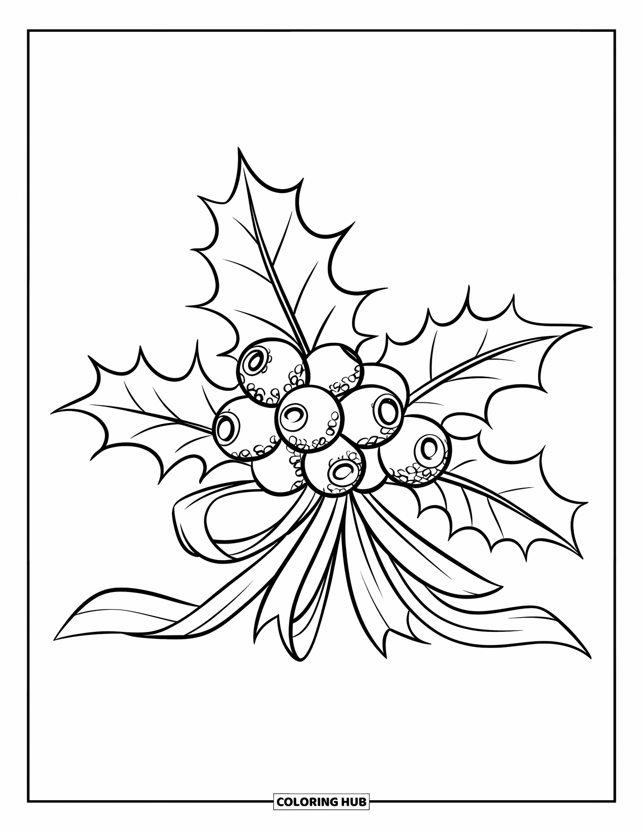 Winter Kleurplaat voor Kinderen: Feestelijke hulstbladeren en bessen gewikkeld in een delicaat lint, met een vleugje sneeuw
