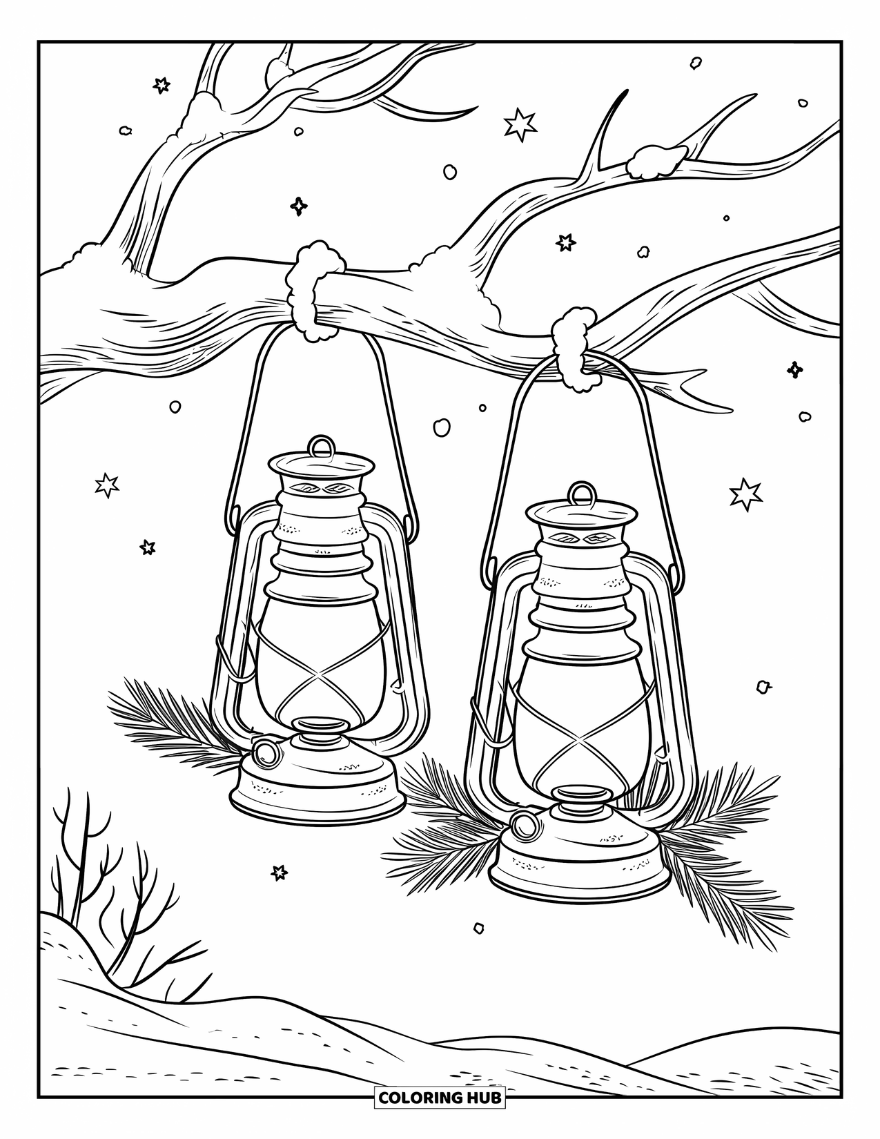 Winter Kleurplaat voor Kinderen: Rustieke lantaarns met ingewikkelde details die aan een kale, met sneeuw bedekte tak hangen onder een sterrenhemel