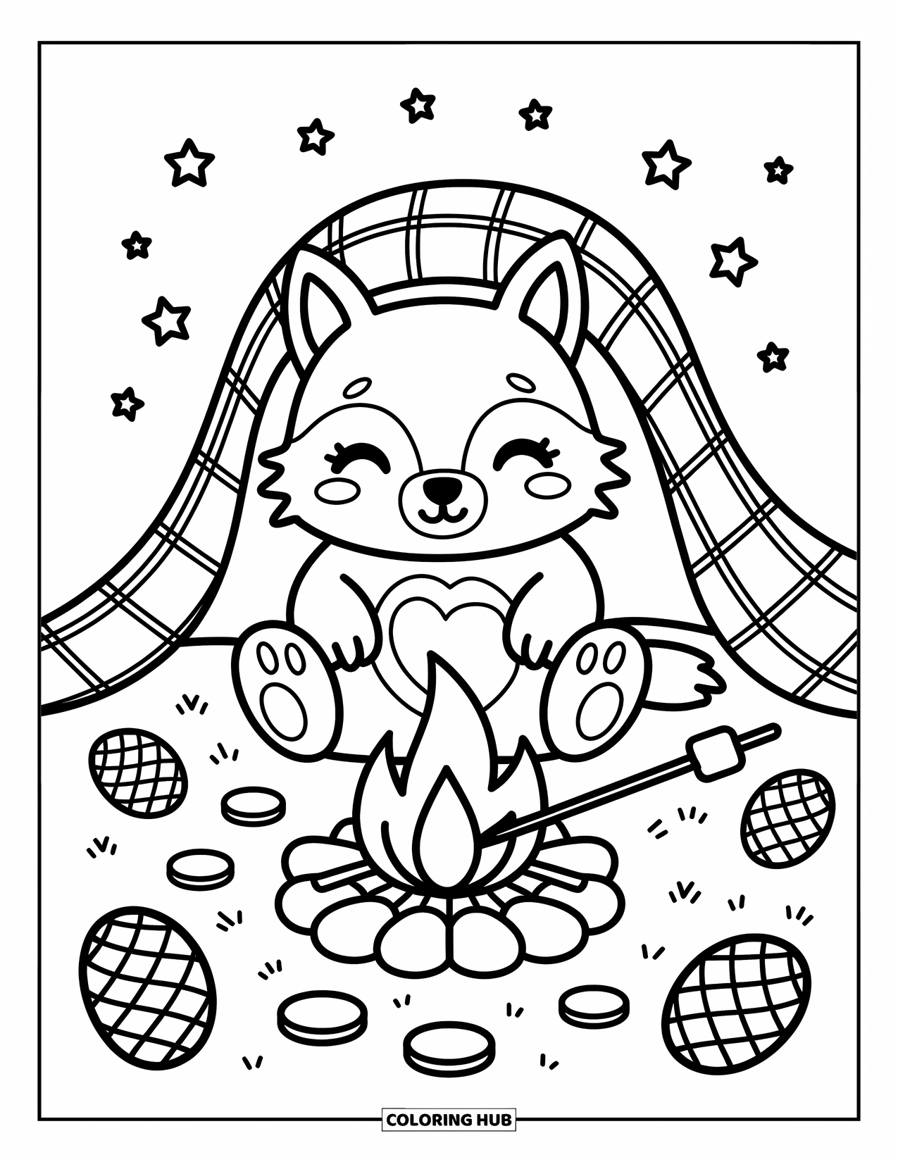 Kolorowanka z wilkiem dla dorosłych: Przytulny wilk opieka pianki marshmallow przy ognisku pod gwiazdami