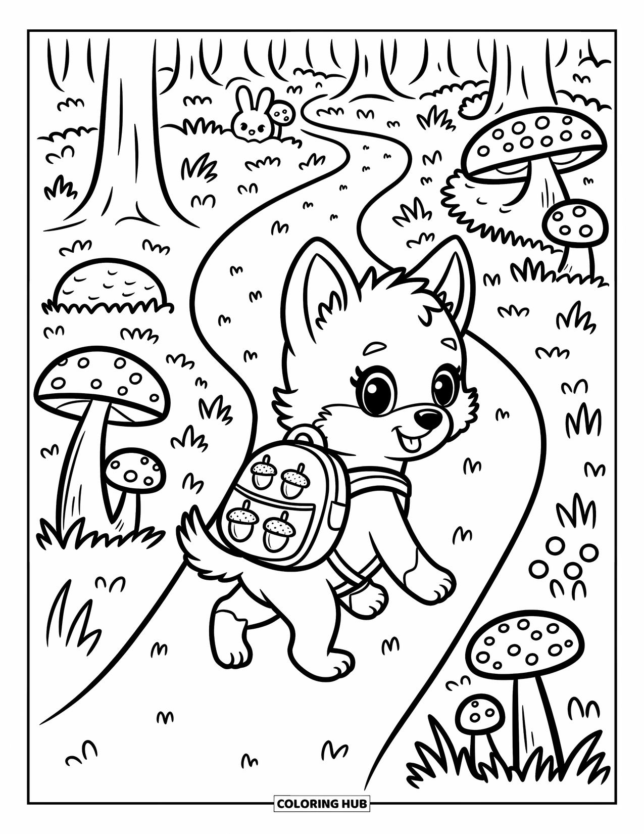 Kolorowanka z wilkiem dla dorosłych: Ciekawy szczeniak wilka z plecakiem odkrywa leśną ścieżkę z grzybami