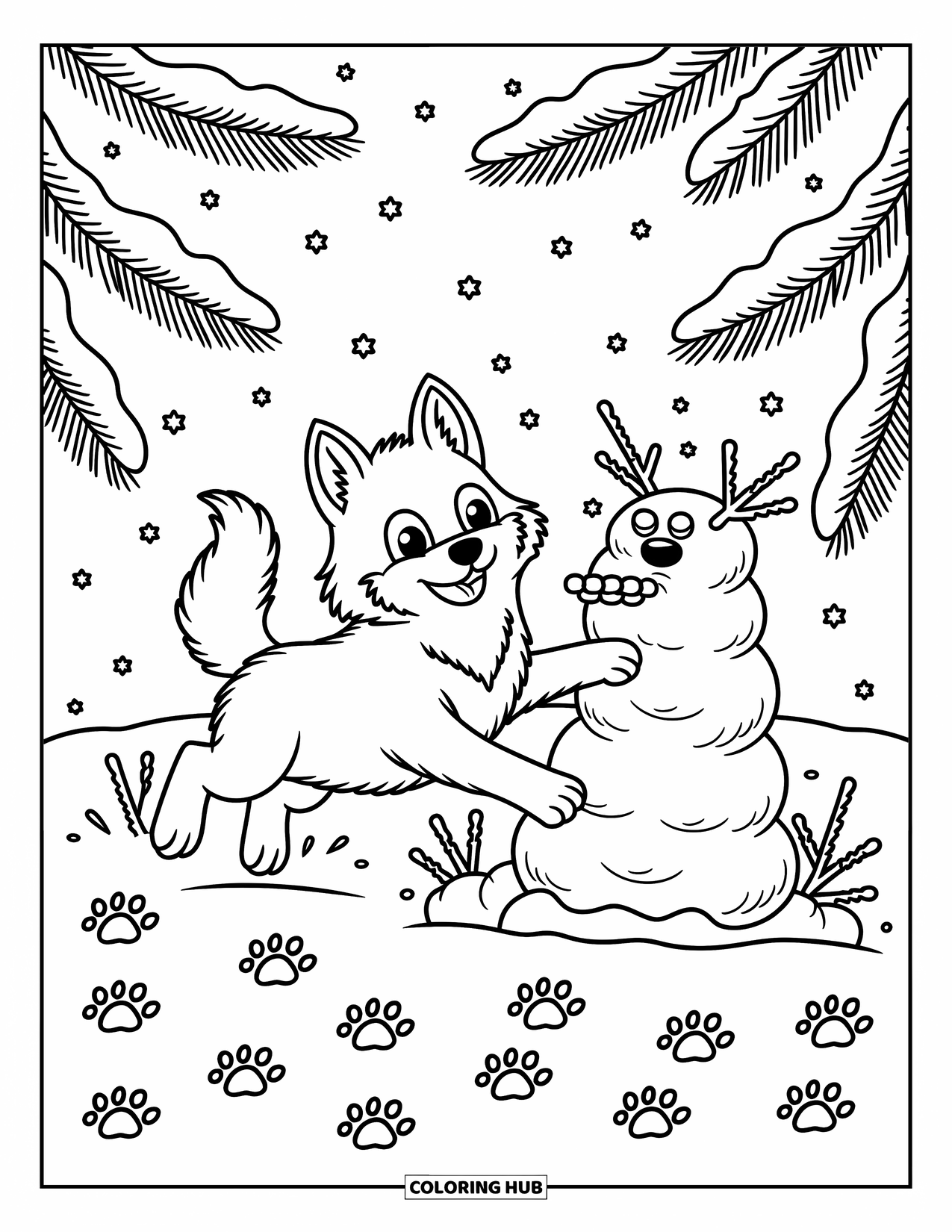 Kolorowanka z wilkiem dla dorosłych: Radosny wilk buduje śnieżnego wilka z gałązek i kamyków na śniegu