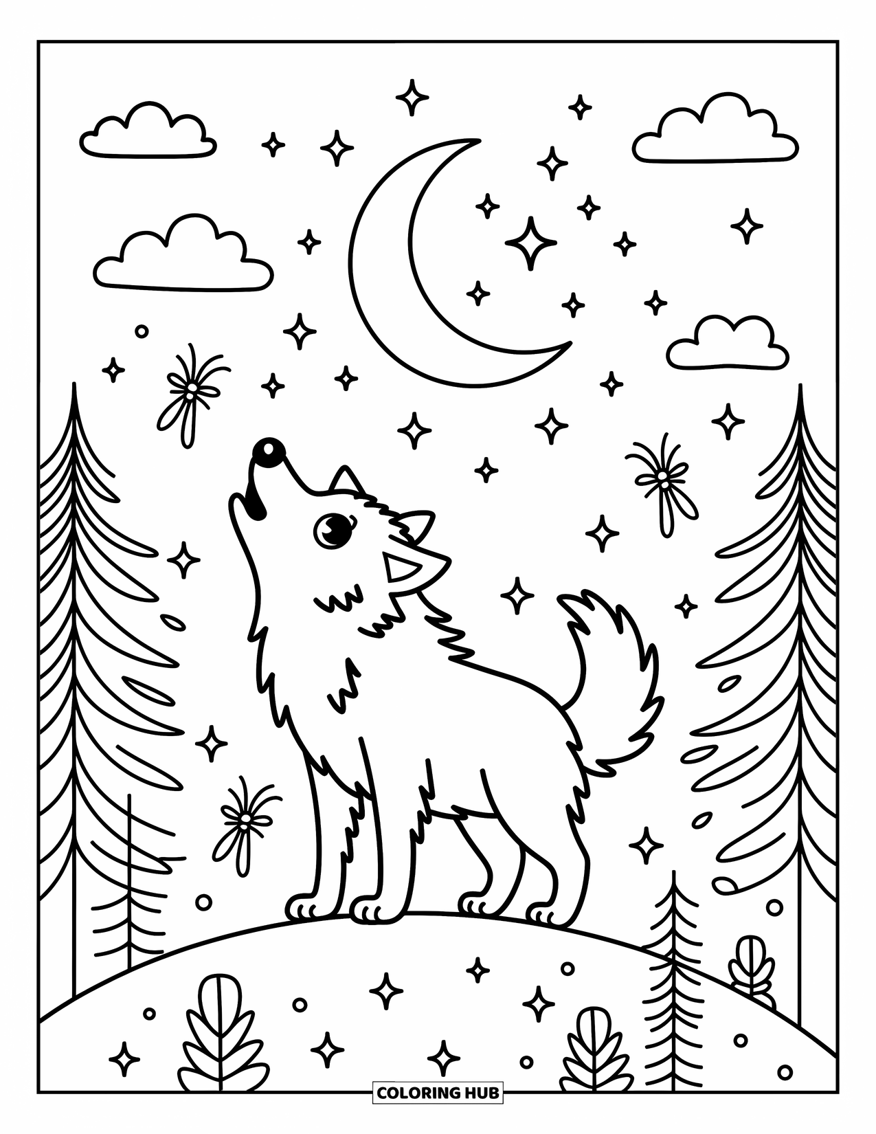 Kolorowanka z wilkiem dla dorosłych: Radosny wilk wyje do księżyca, a świetliki i sosny dodają magii