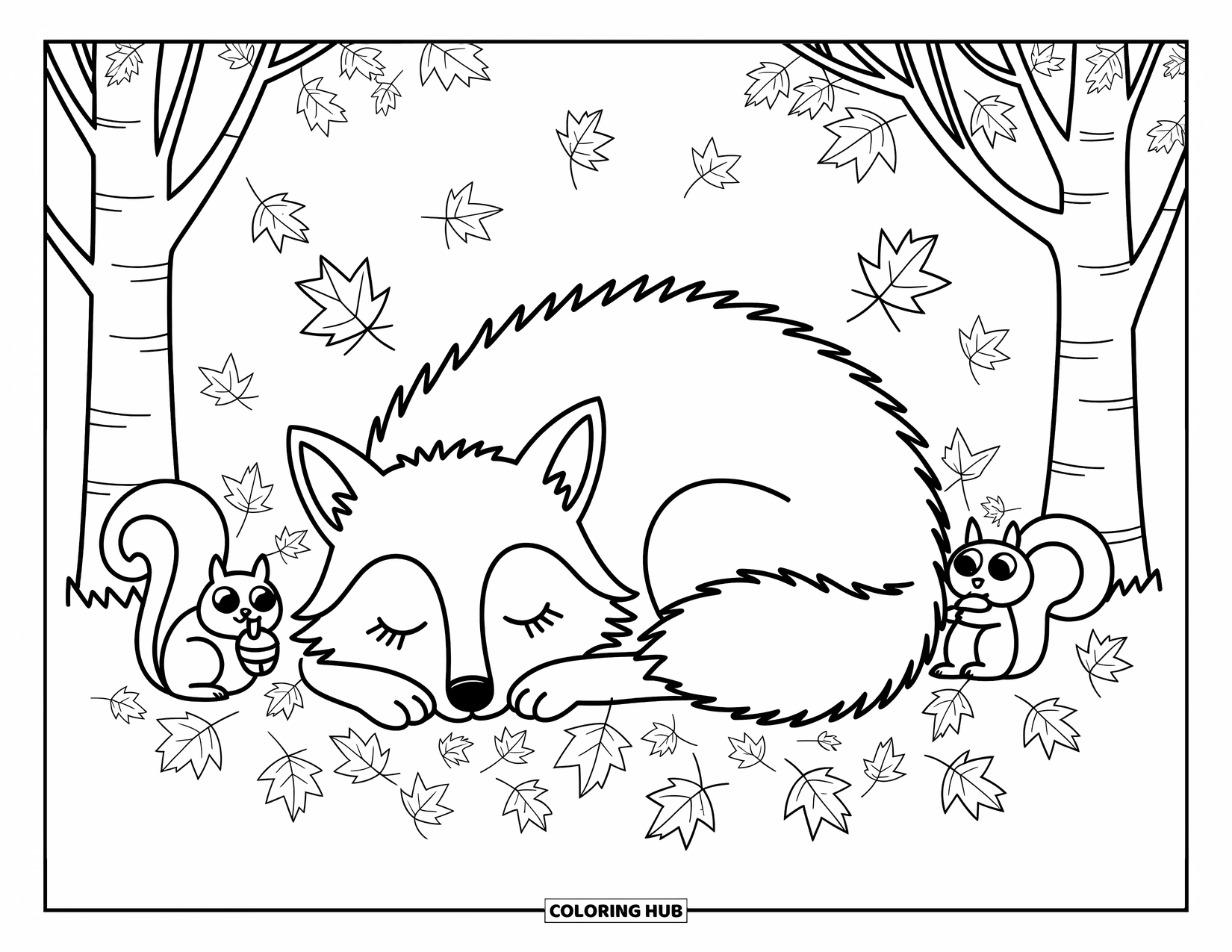 Kolorowanka z wilkiem dla dorosłych: Śpiący wilk zwija się na jesiennych liściach obok wiewiórki z żołędziem