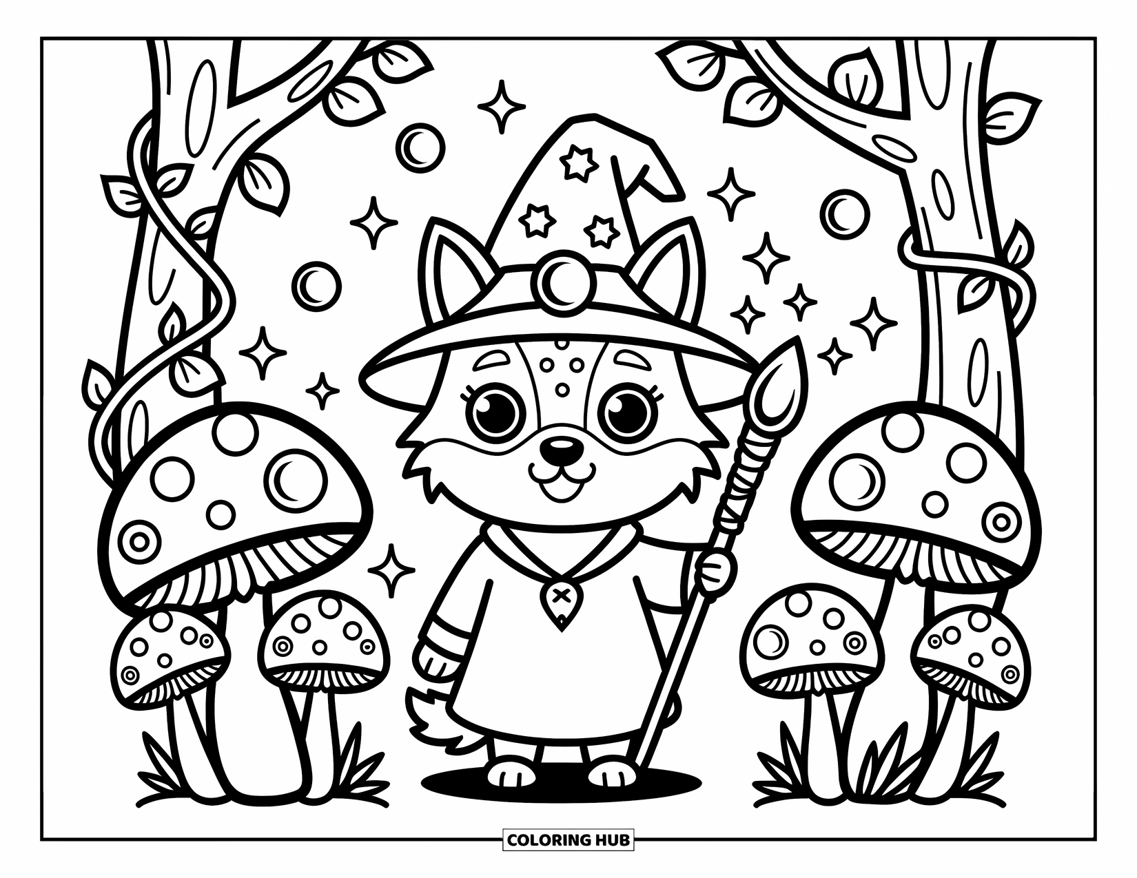 Kolorowanka z wilkiem dla dorosłych: Wilk-czarodziej ze świecącą laską stoi wśród zaczarowanych grzybów i unoszących się kul