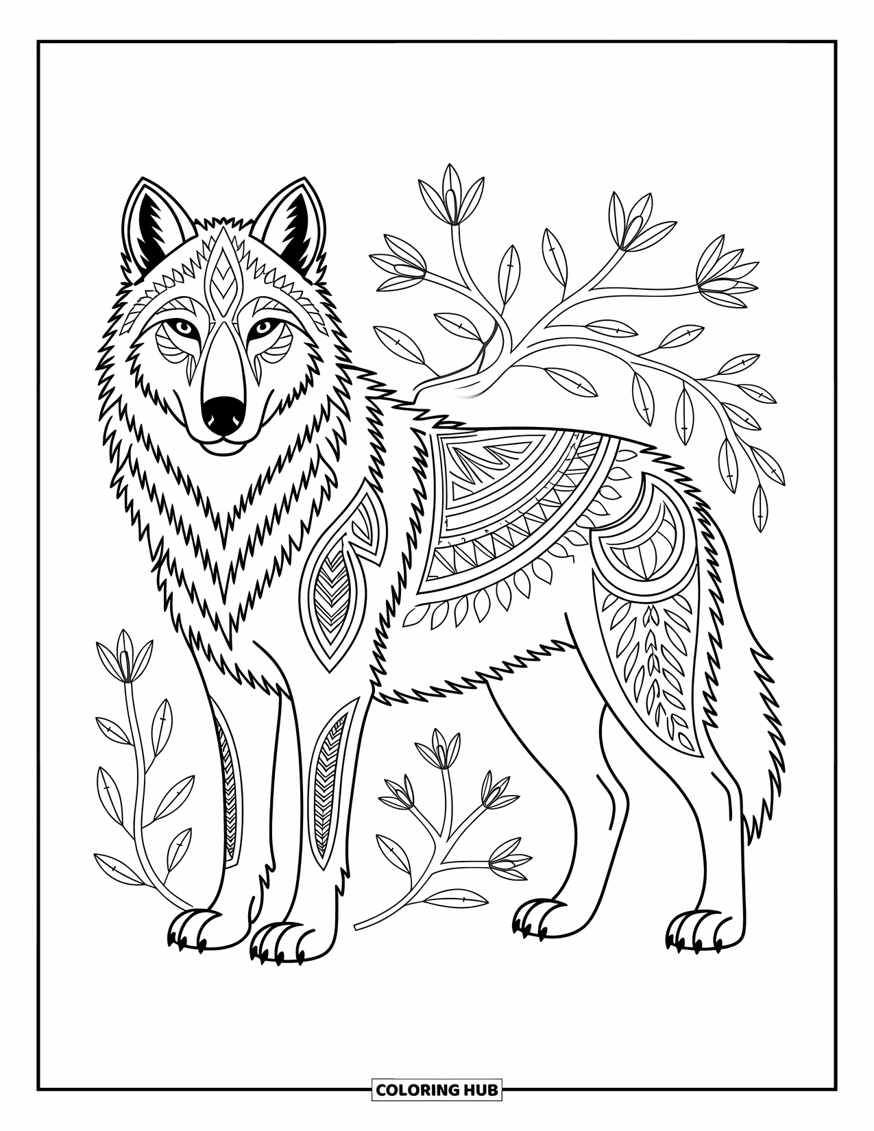 Kolorowanka z wilkiem dla dorosłych: Wilk ozdobiony plemiennymi znakami otoczony liśćmi i wirującymi wzorami