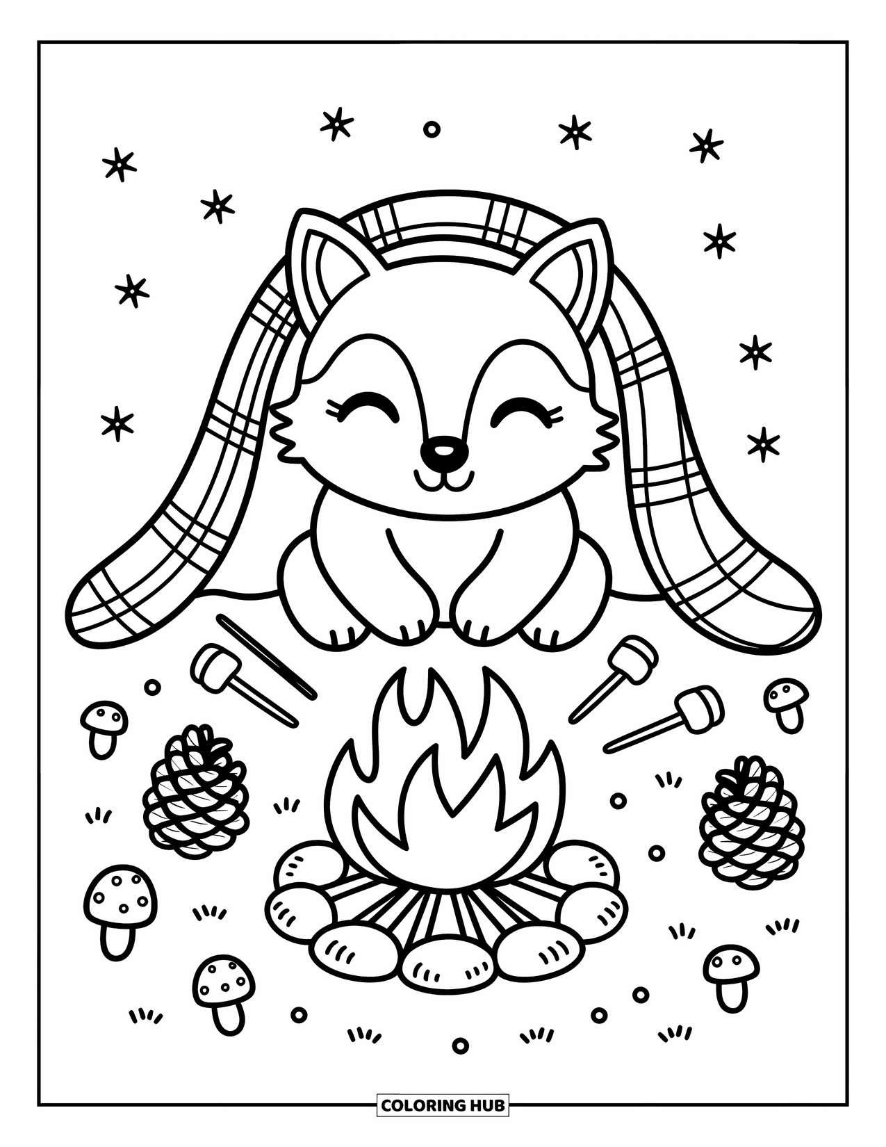 Kolorowanka z wilkiem dla dorosłych: Wilk przy ognisku opieka pianki marshmallow pod rozgwieżdżonym niebem