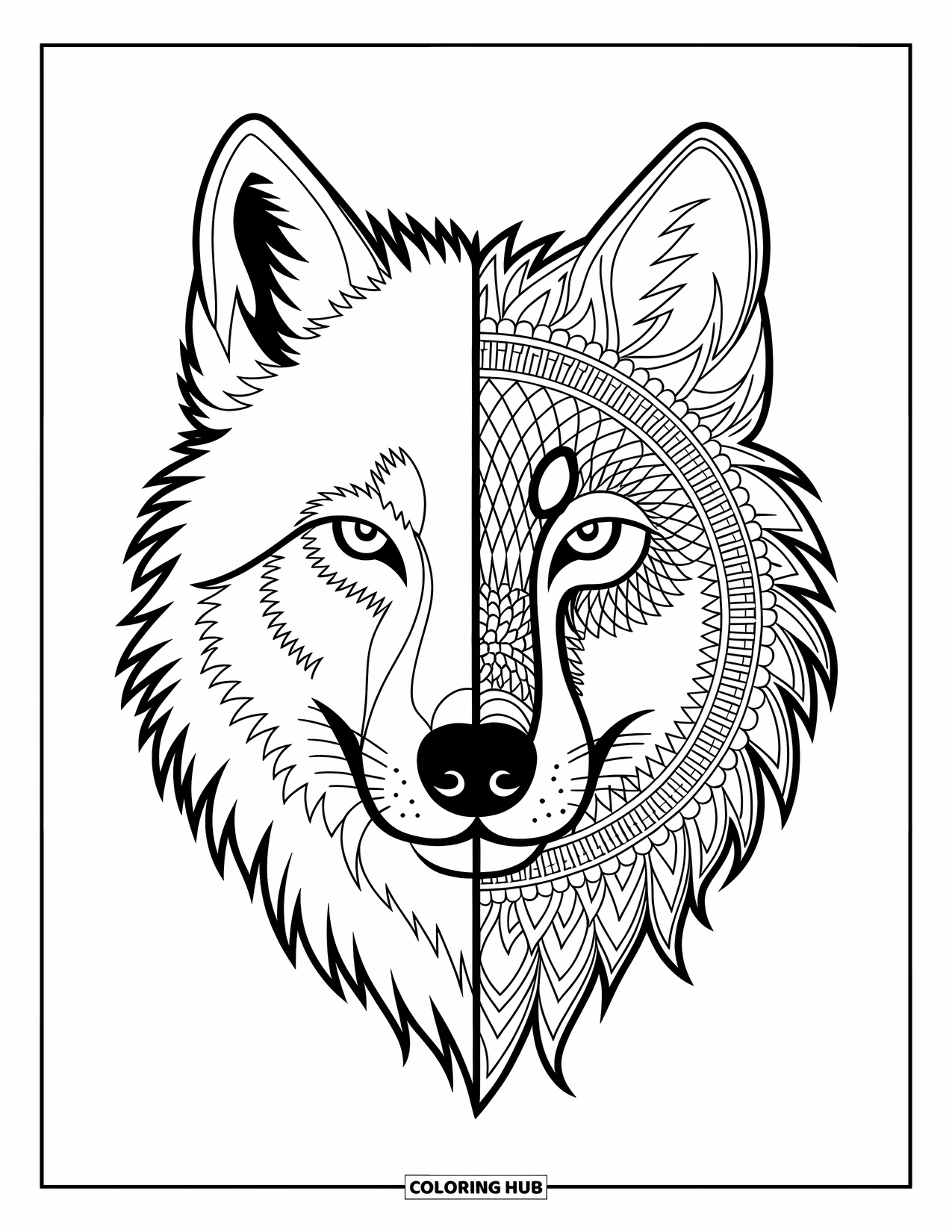 Kolorowanka z wilkiem dla dorosłych: Twarz wilka w połowie mandala, w połowie realistyczna, otoczona szczegółowymi wzorami