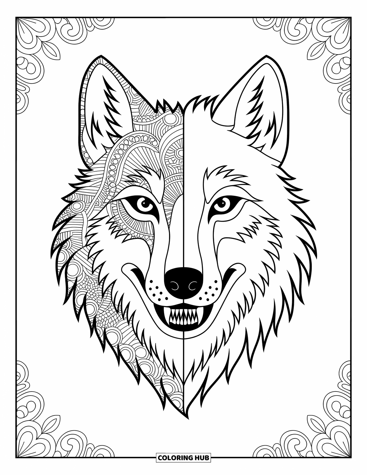 Kolorowanka z wilkiem dla dorosłych: Twarz wilka podzielona na pół-realistyczną i pół-mandali ze szczegółowymi wzorami