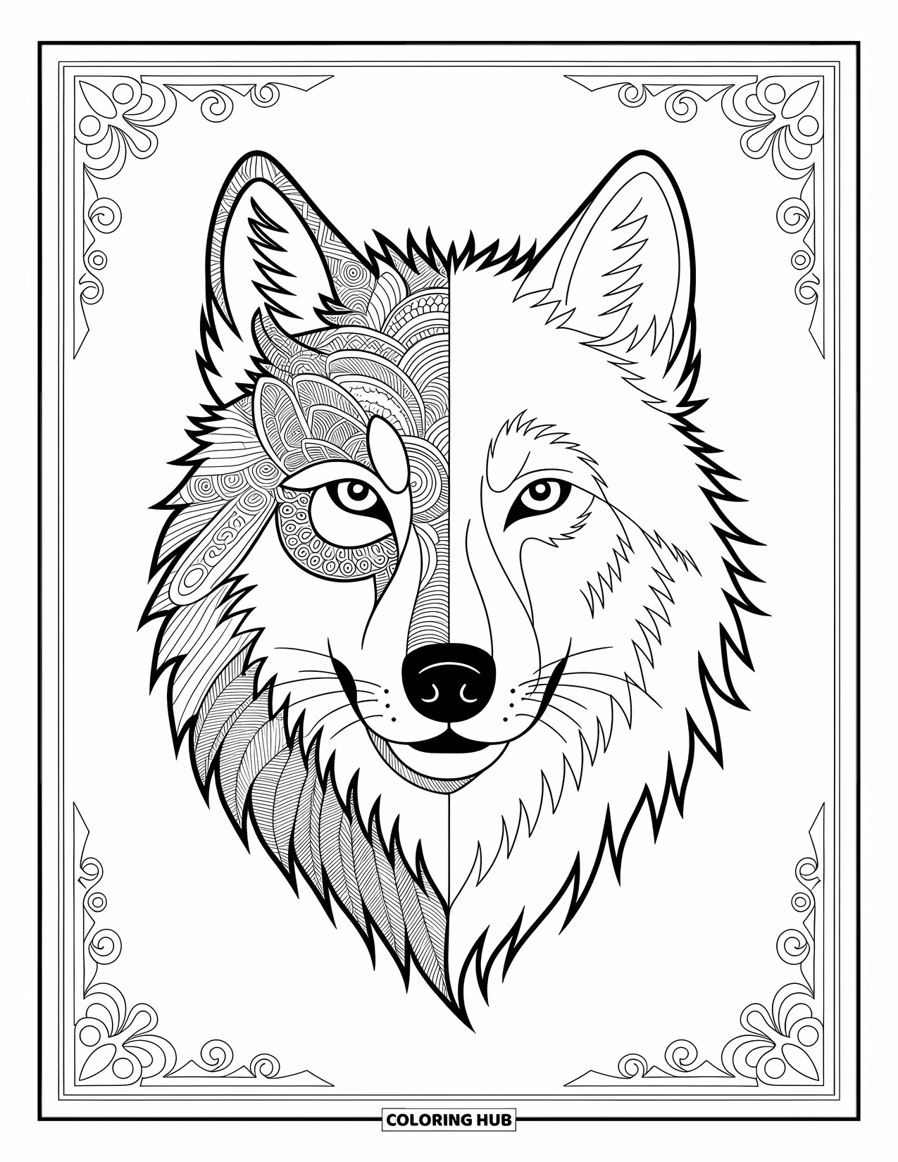 Kolorowanka z wilkiem dla dorosłych: Twarz wilka podzielona na mandalowy i realistyczny styl z misternymi wzorami