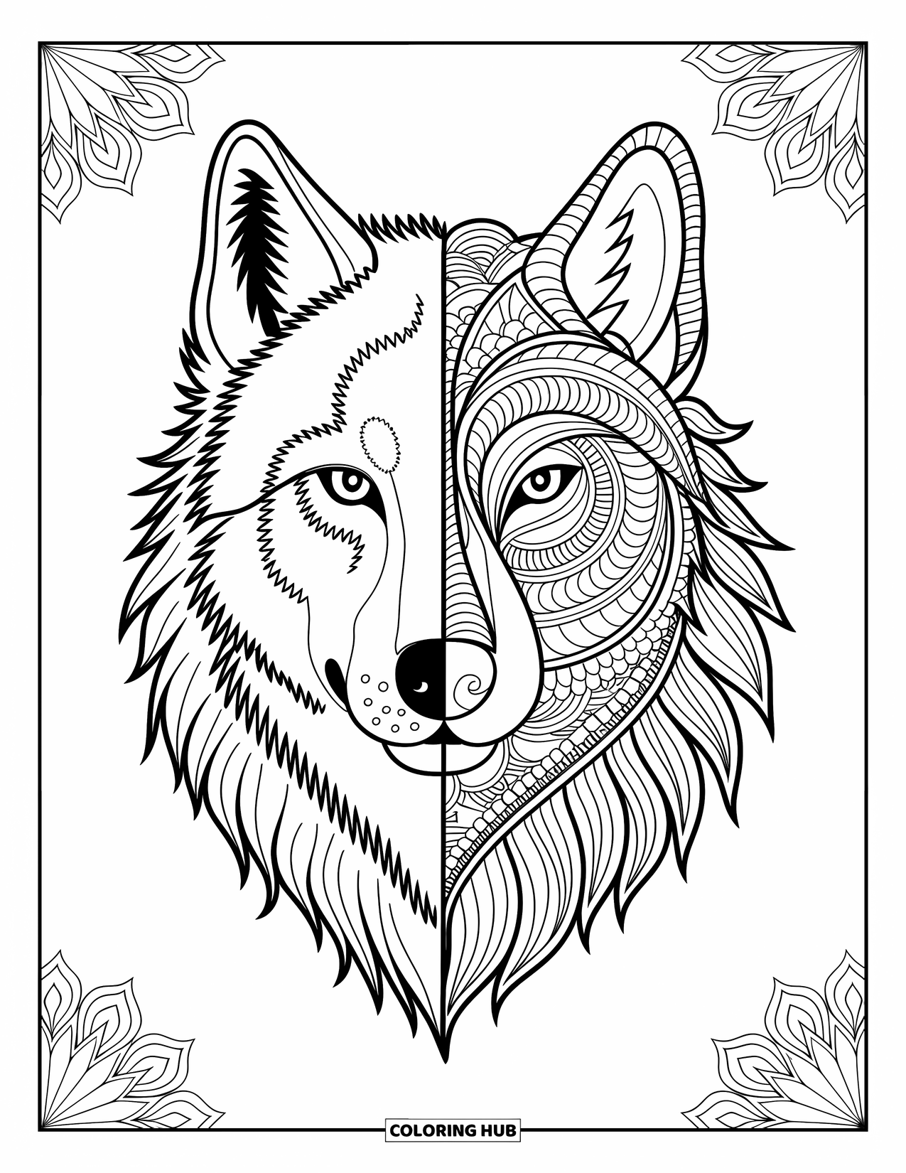 Kolorowanka z wilkiem dla dorosłych: Twarz wilka podzielona na realistyczny i mandalowy styl z misternymi wzorami
