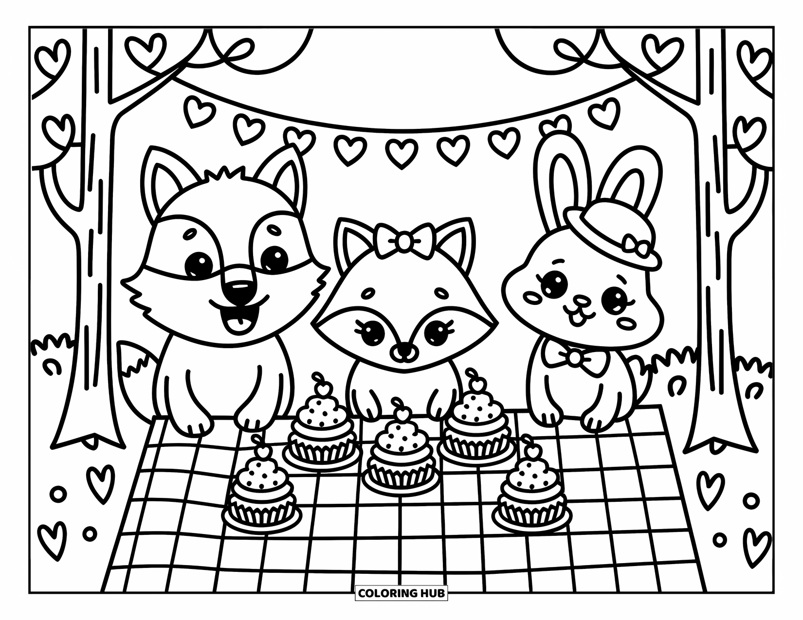 Kolorowanka z wilkiem dla dorosłych: Wilk, lis i króliczek urządzają urocze przyjęcie herbaciane z babeczkami i banerami