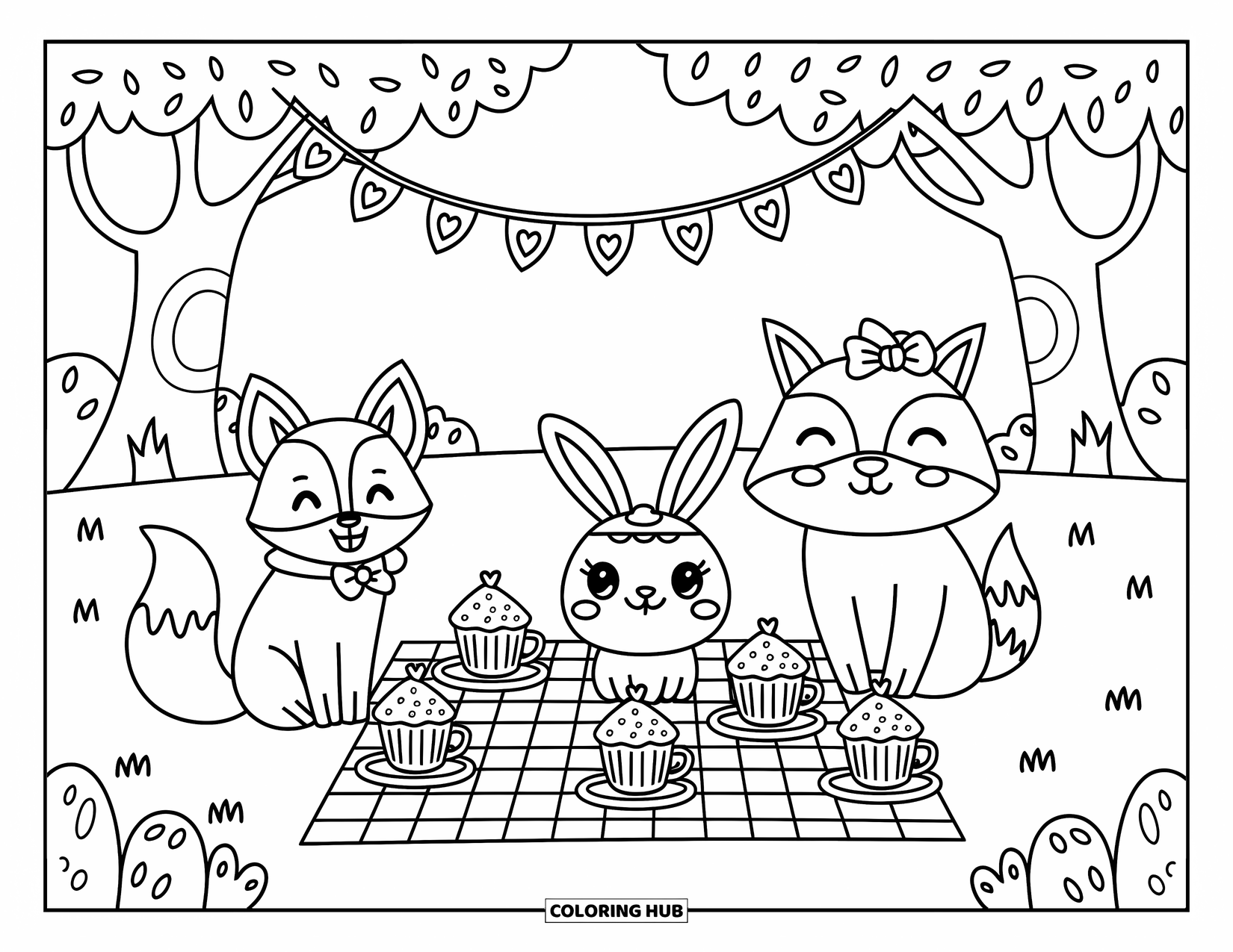 Kolorowanka z wilkiem dla dorosłych: Wilk, lis i króliczek uczestniczą w radosnym przyjęciu herbacianym w świątecznej leśnej scenerii