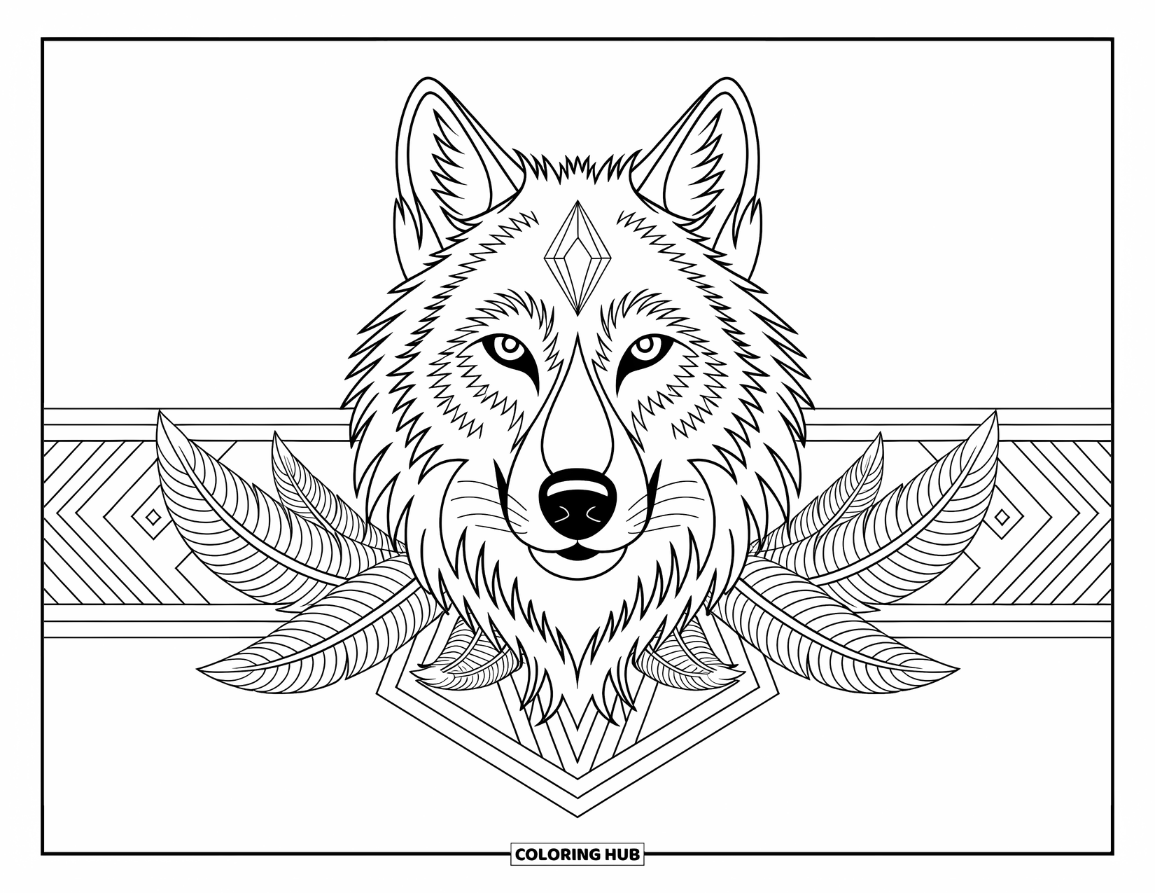 Kolorowanka z wilkiem dla dorosłych: Głowa wilka otoczona szczegółowymi piórami i kamieniami szlachetnymi z misternymi wzorami