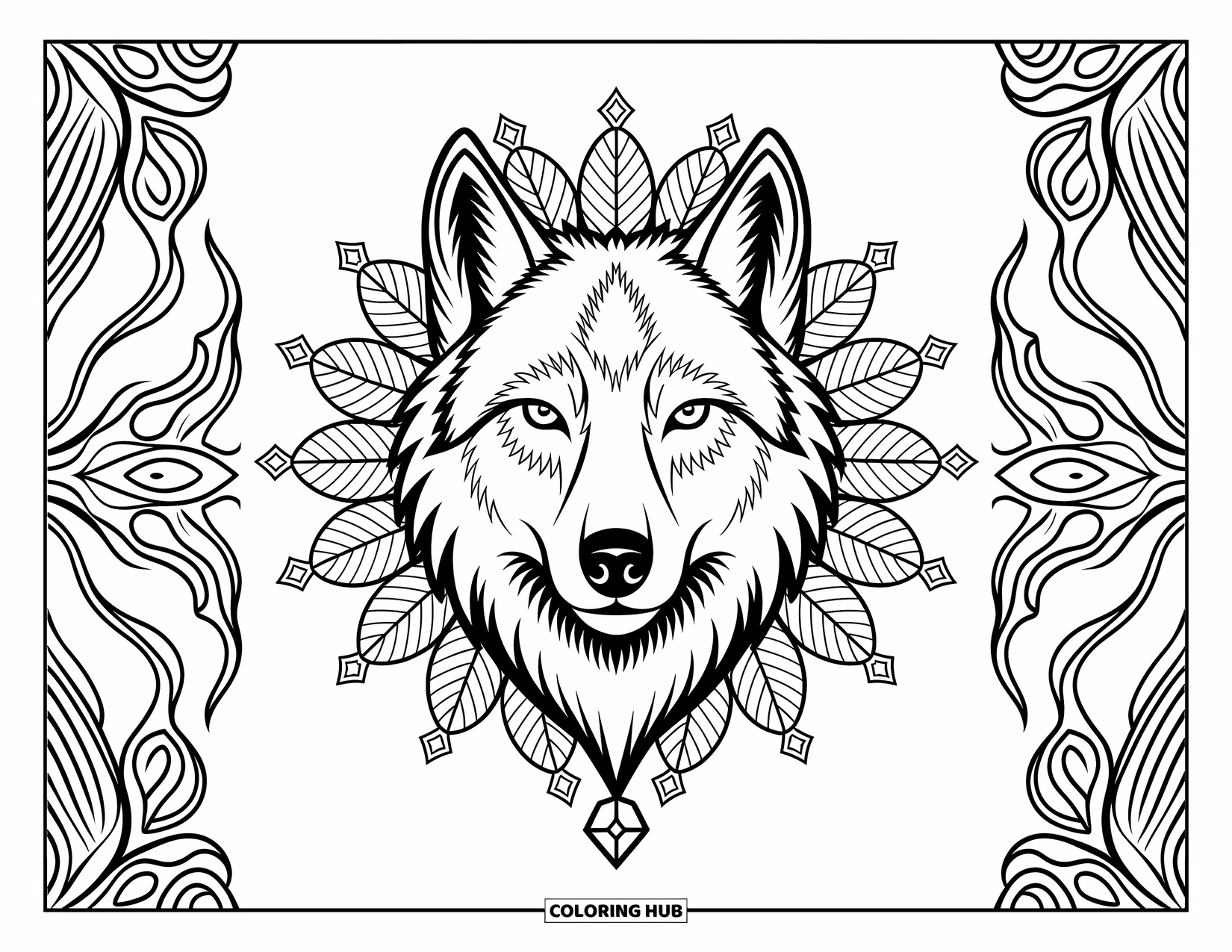Kolorowanka z wilkiem dla dorosłych: Głowa wilka otoczona piórami i klejnotami z misternymi wzorami