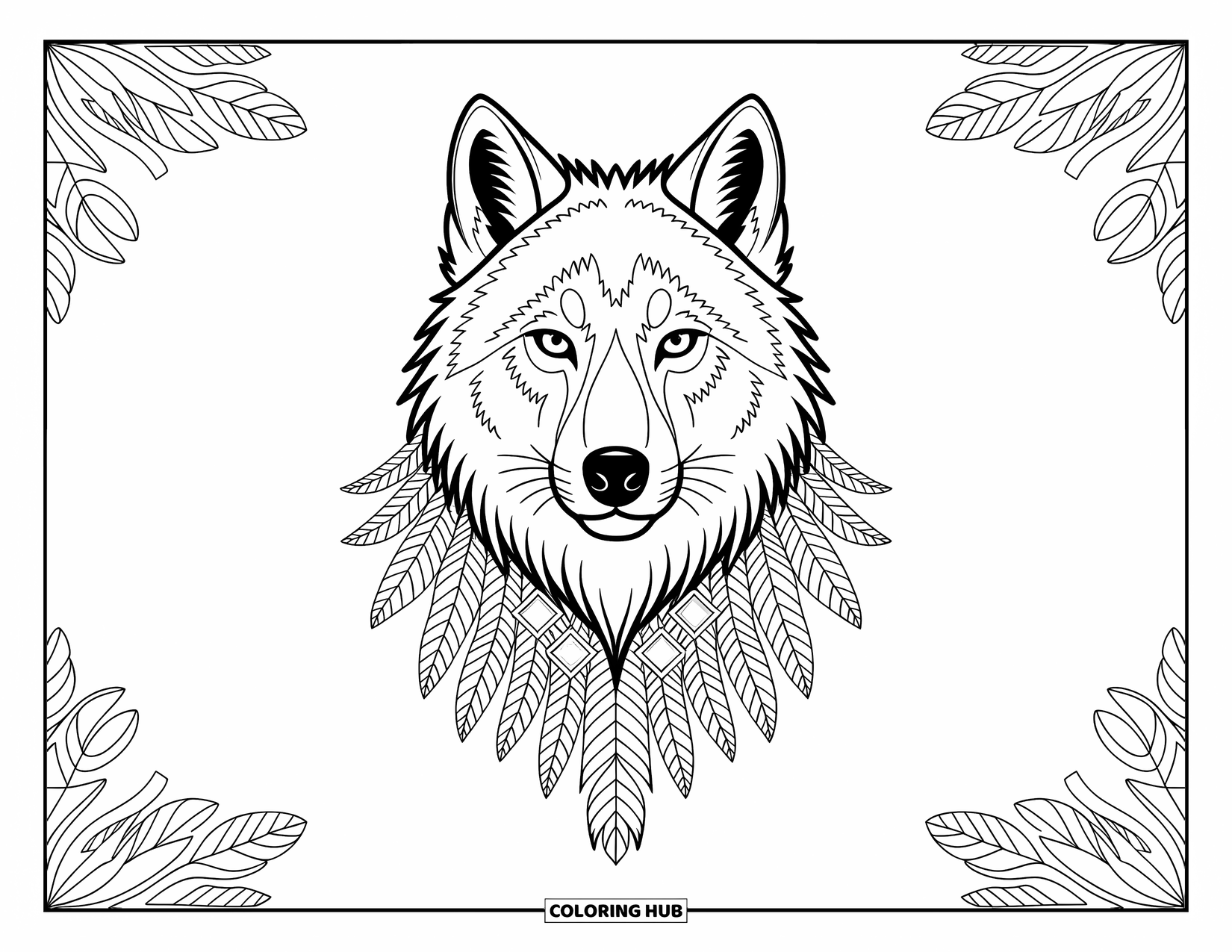 Kolorowanka z wilkiem dla dorosłych: Głowa wilka z piórami i kamieniami szlachetnymi otoczona misternymi wzorami