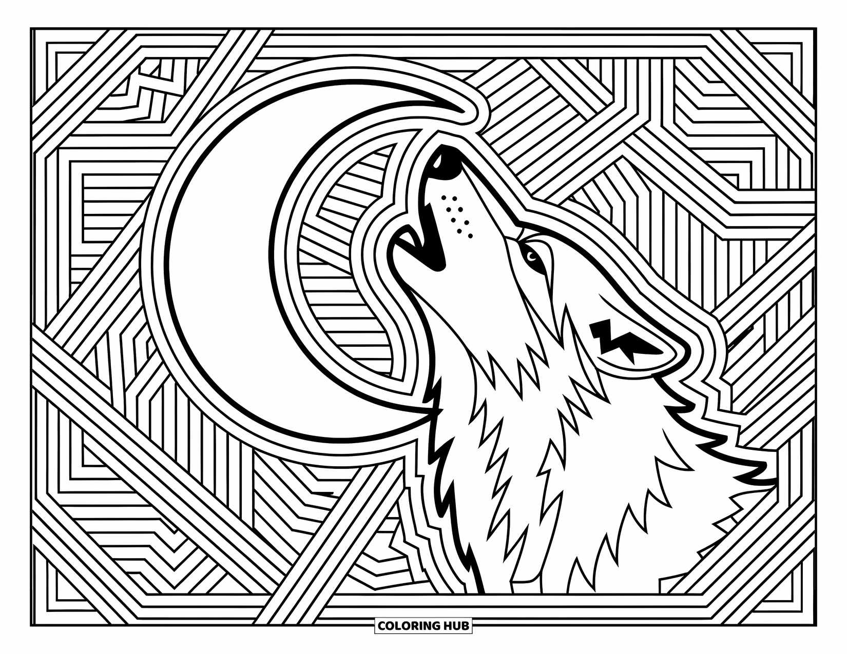 Kolorowanka z wilkiem dla dorosłych: Wilk wyjący do sierpowatego księżyca otoczony misternymi geometrycznymi wzorami