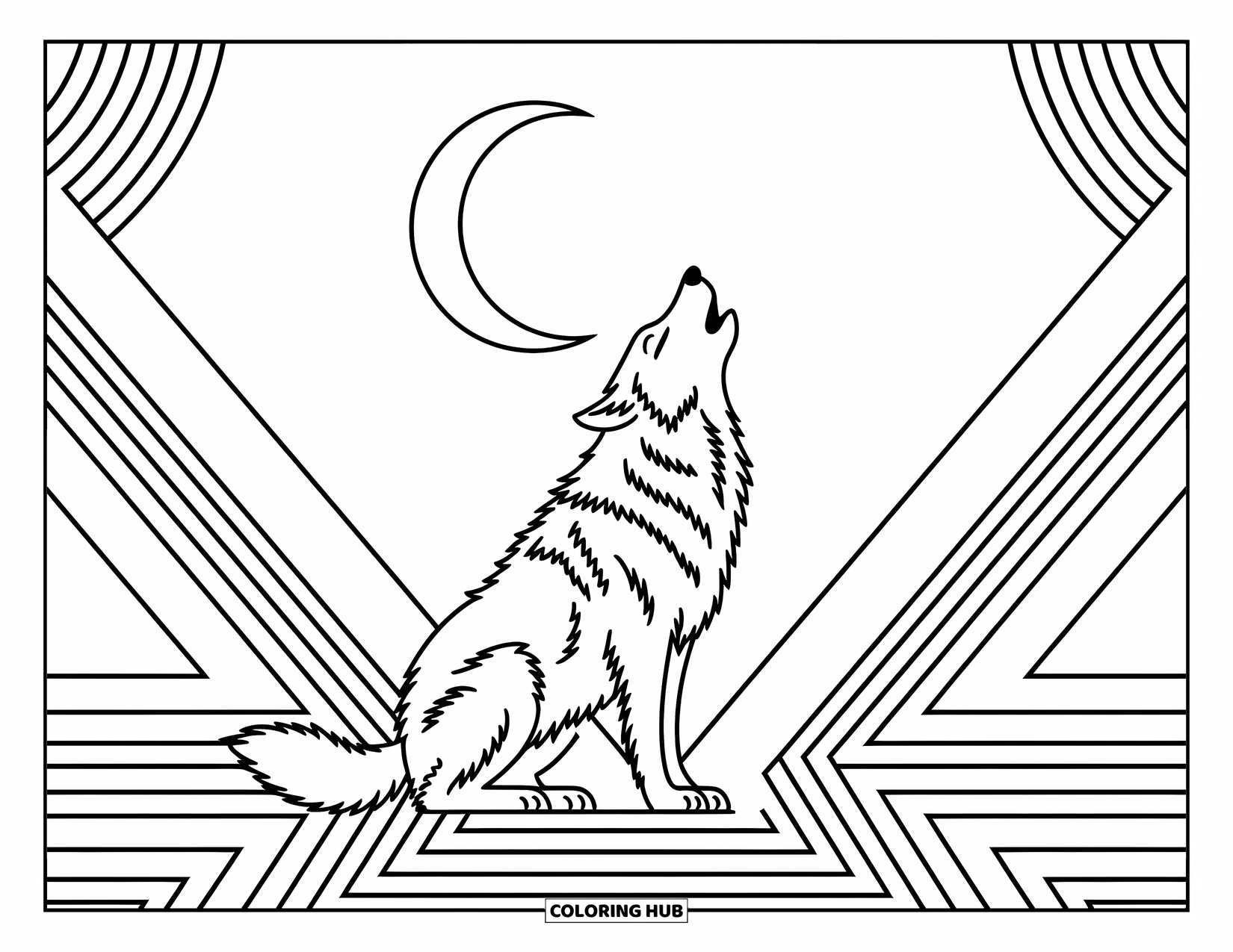 Kolorowanka z wilkiem dla dorosłych: Wilk wyjący do sierpowatego księżyca ze szczegółowymi geometrycznymi wzorami dookoła