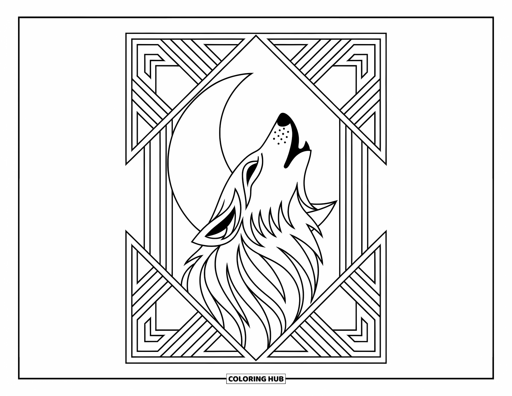 Kolorowanka z wilkiem dla dorosłych: Wilk wyjący do sierpowatego księżyca ze szczegółowymi wzorami dookoła