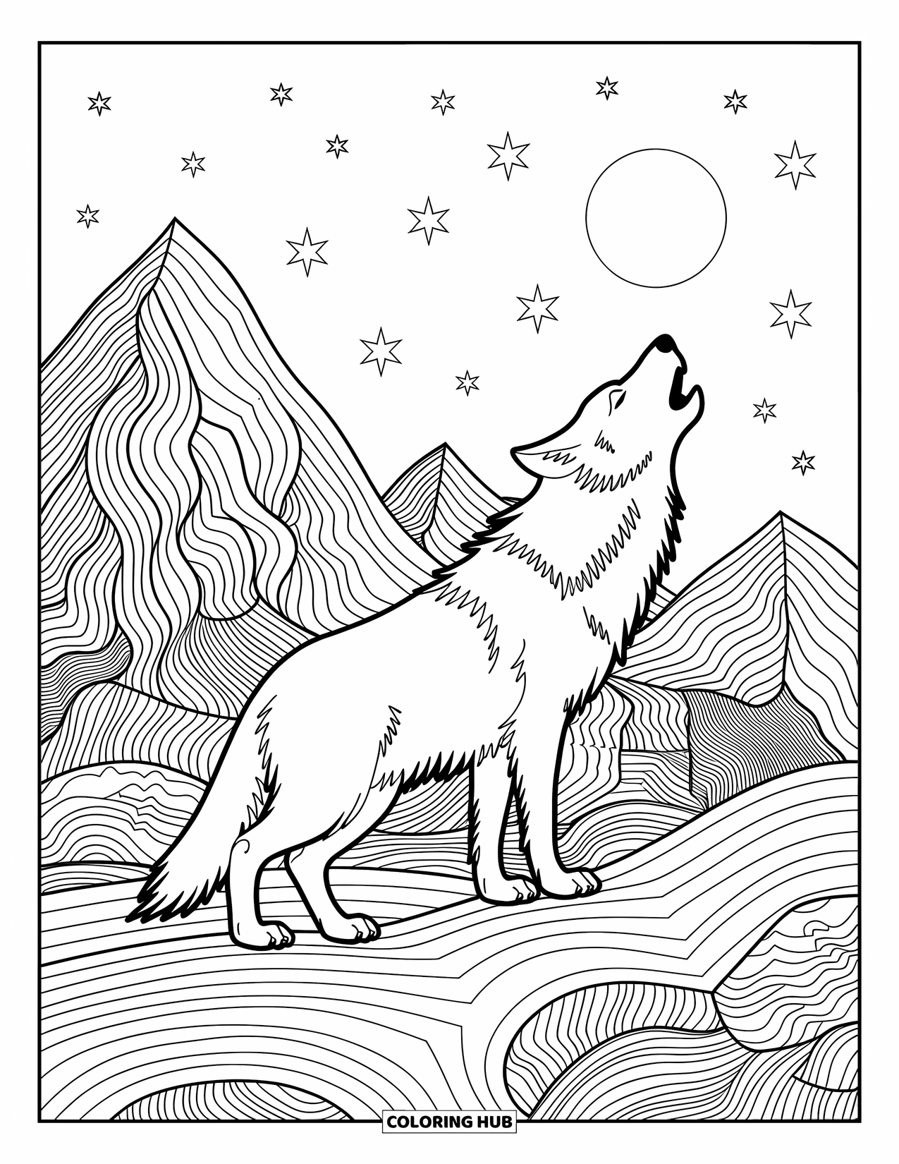 Kolorowanka z wilkiem dla dorosłych: Wilk wyjący do księżyca na tle góry i rozgwieżdżonego nieba z misternymi wzorami