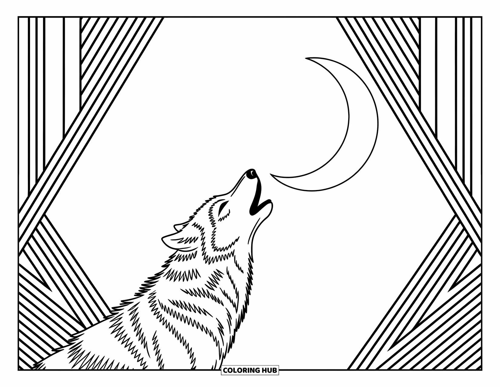 Kolorowanka z wilkiem dla dorosłych: Wilk wyjący do księżyca, otoczony misternymi geometrycznymi wzorami