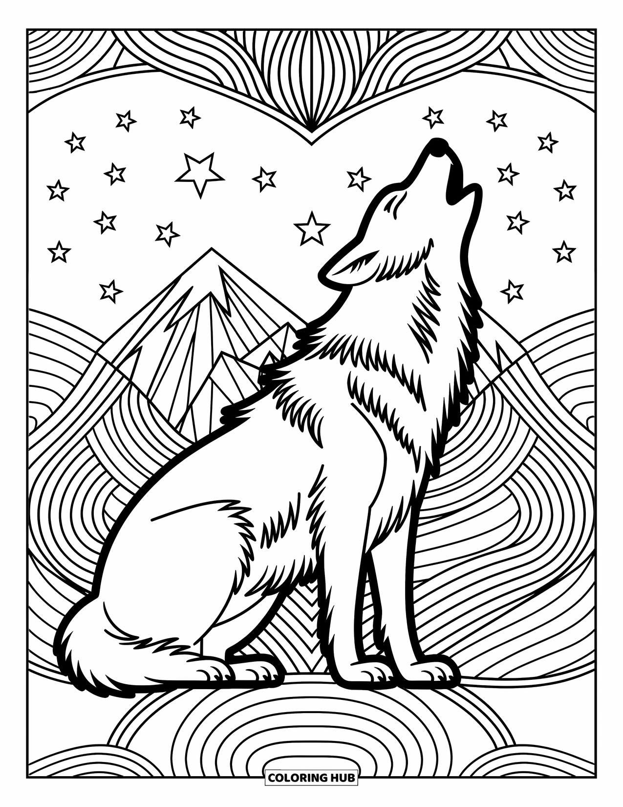 Kolorowanka z wilkiem dla dorosłych: Wilk wyjący do księżyca z górskim tłem i szczegółowym rozgwieżdżonym niebem
