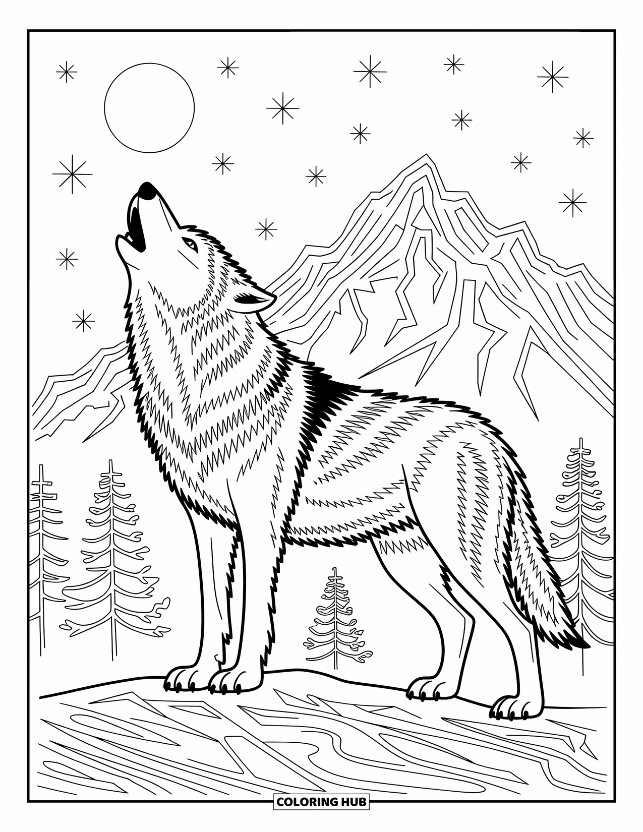 Kolorowanka z wilkiem dla dorosłych: Wilk wyjący do księżyca z górami i gwiazdami otoczony misternymi wzorami
