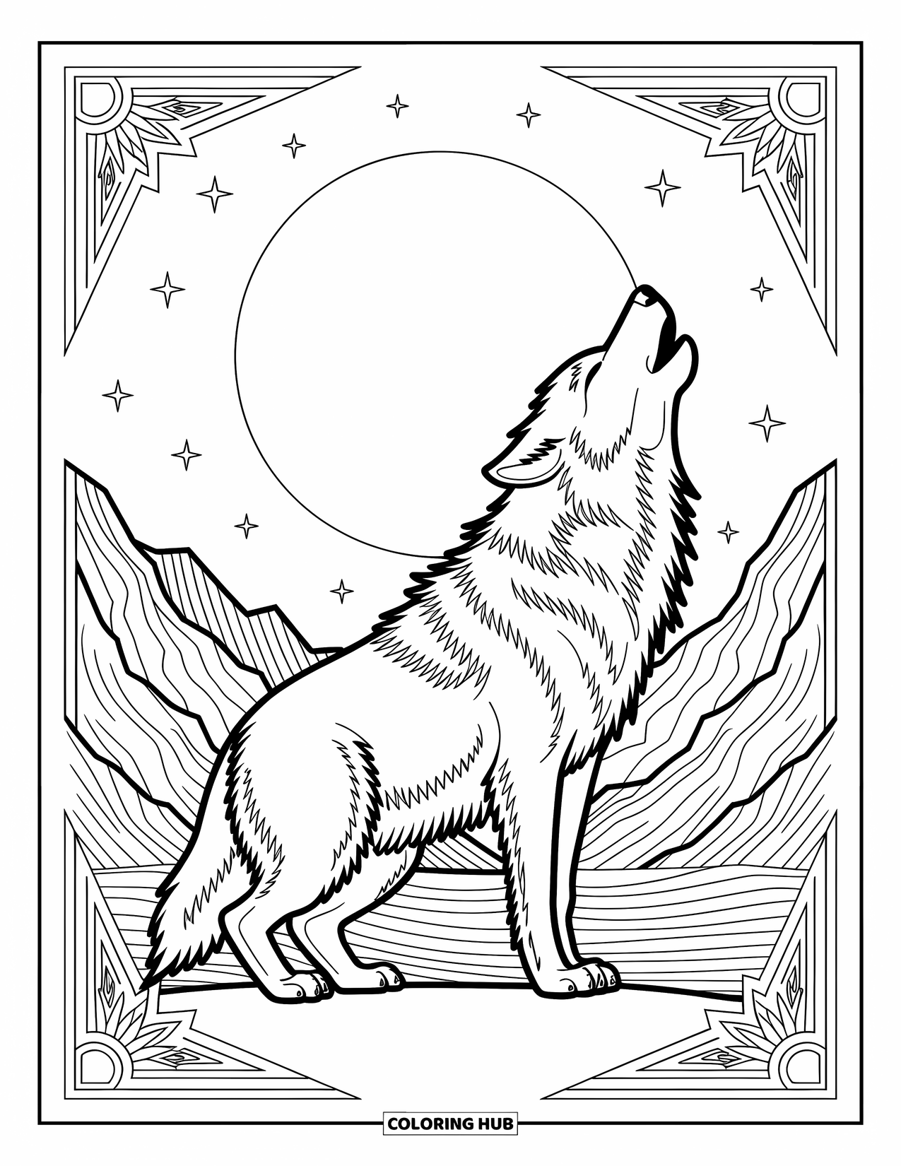 Kolorowanka z wilkiem dla dorosłych: Wilk wyjący do księżyca z górami i gwiazdami otoczony misternymi wzorami