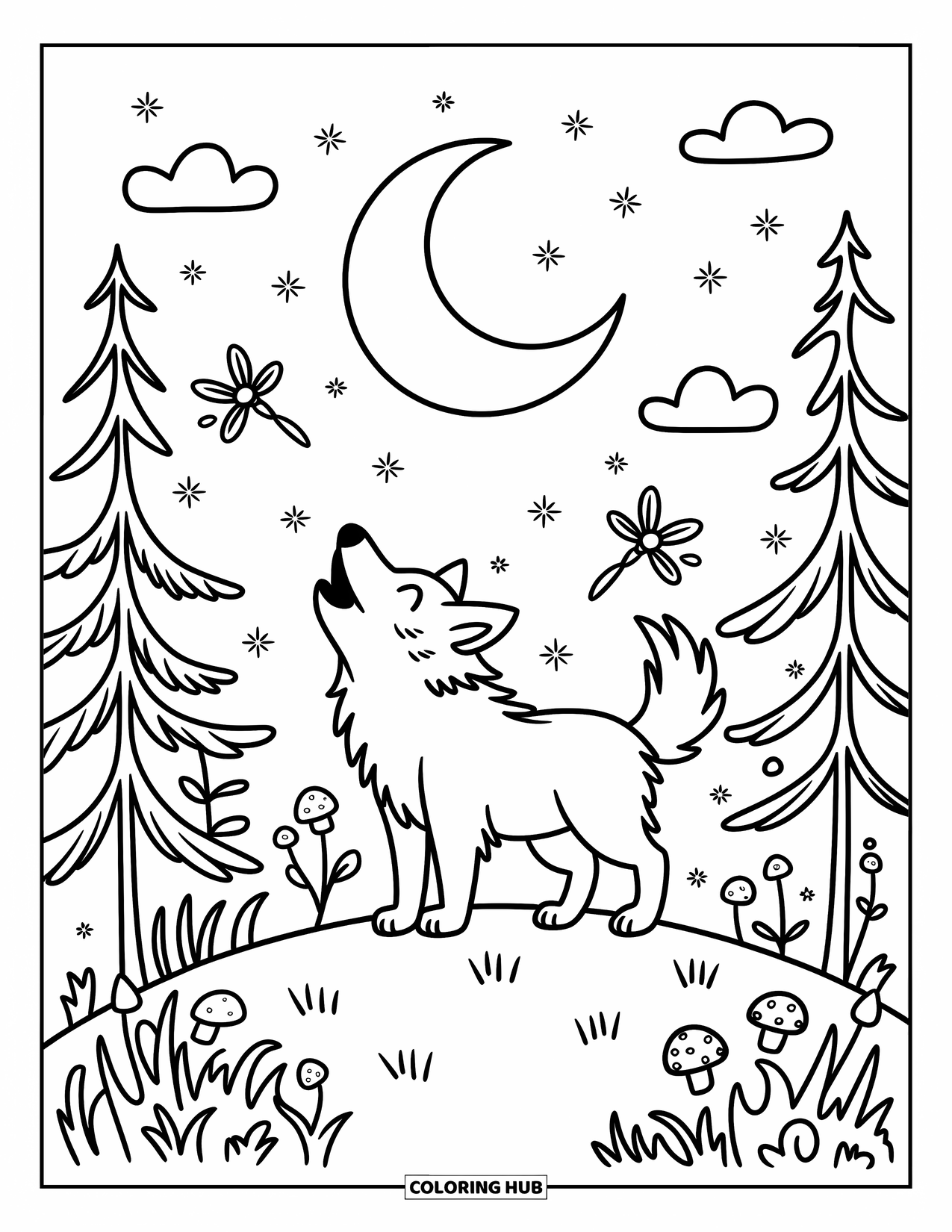 Kolorowanka z wilkiem dla dorosłych: Wilk radośnie wyje do sierpa księżyca, otoczony gwiazdami i świetlikami