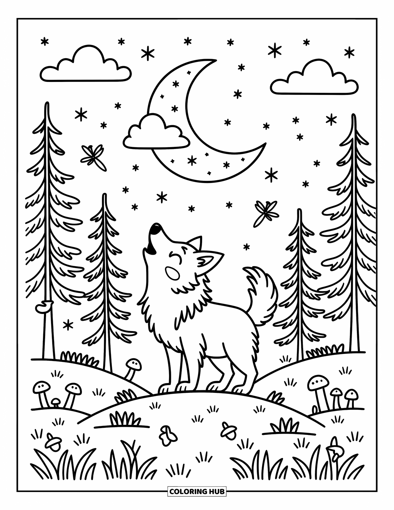 Kolorowanka z wilkiem dla dorosłych: Wilk radośnie wyje do sierpowatego księżyca, otoczony gwiazdami i świetlikami