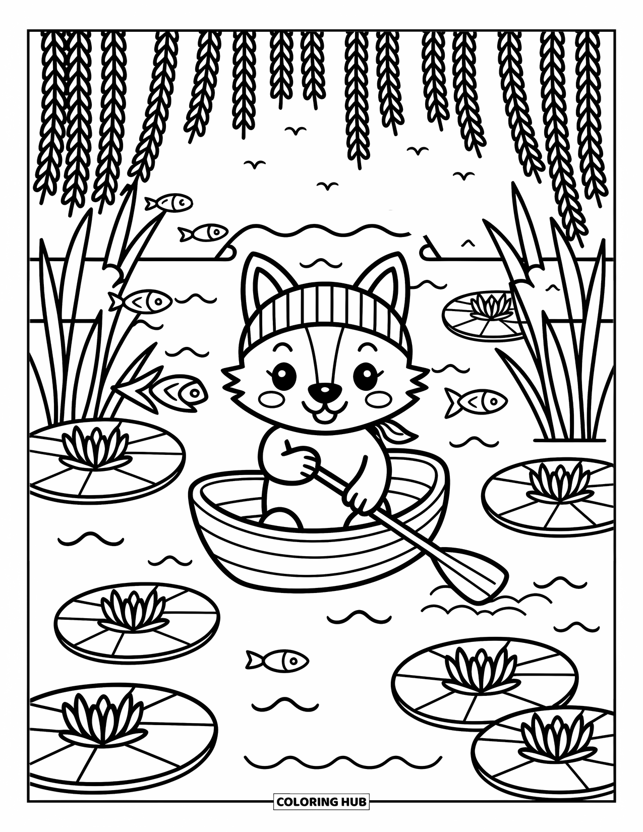 Kolorowanka z wilkiem dla dorosłych: Wilk w bandanie wiosłuje łódką obok lilii wodnych i skaczących ryb