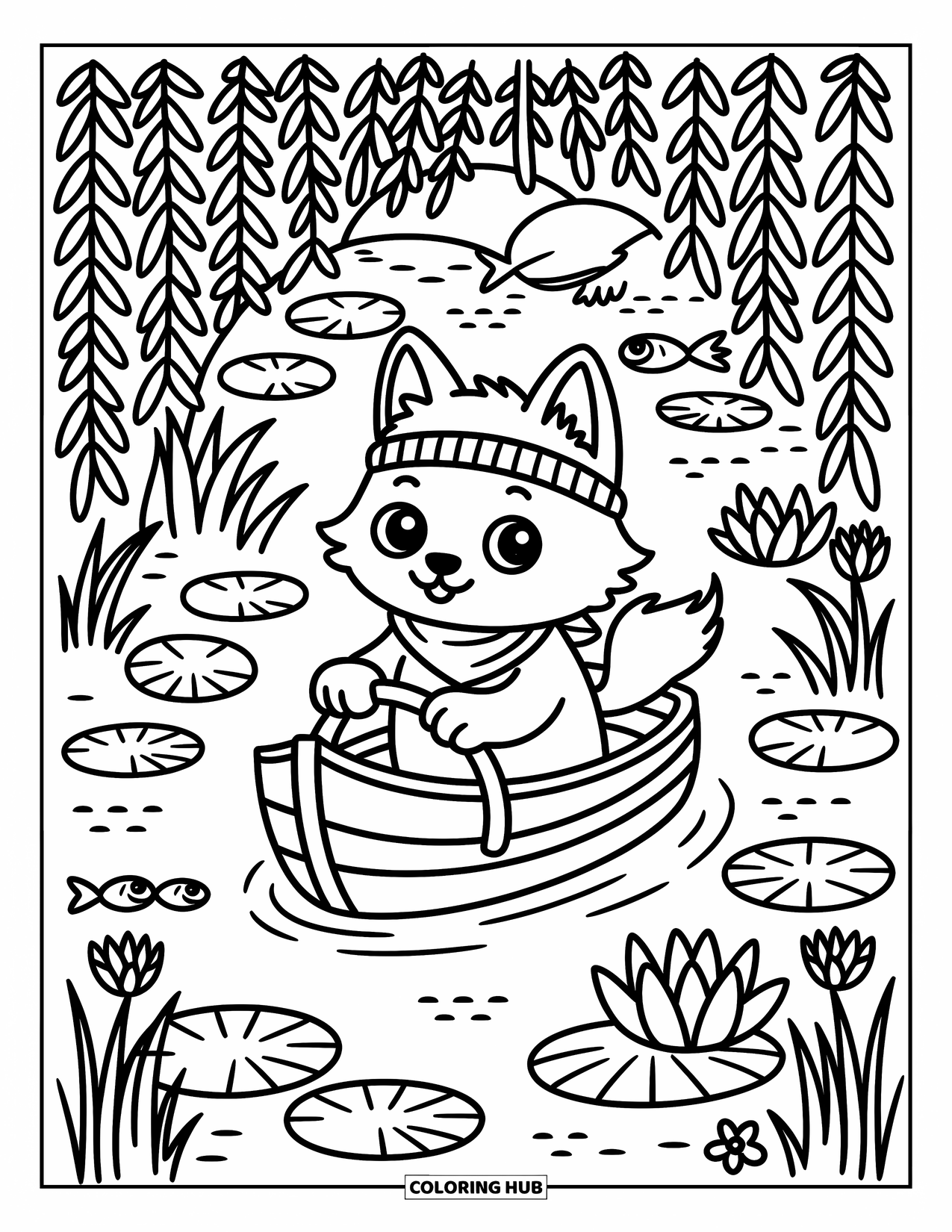 Kolorowanka z wilkiem dla dorosłych: Wilk w bandanie wiosłuje w dół rzeki z liliami wodnymi i skaczącymi rybami