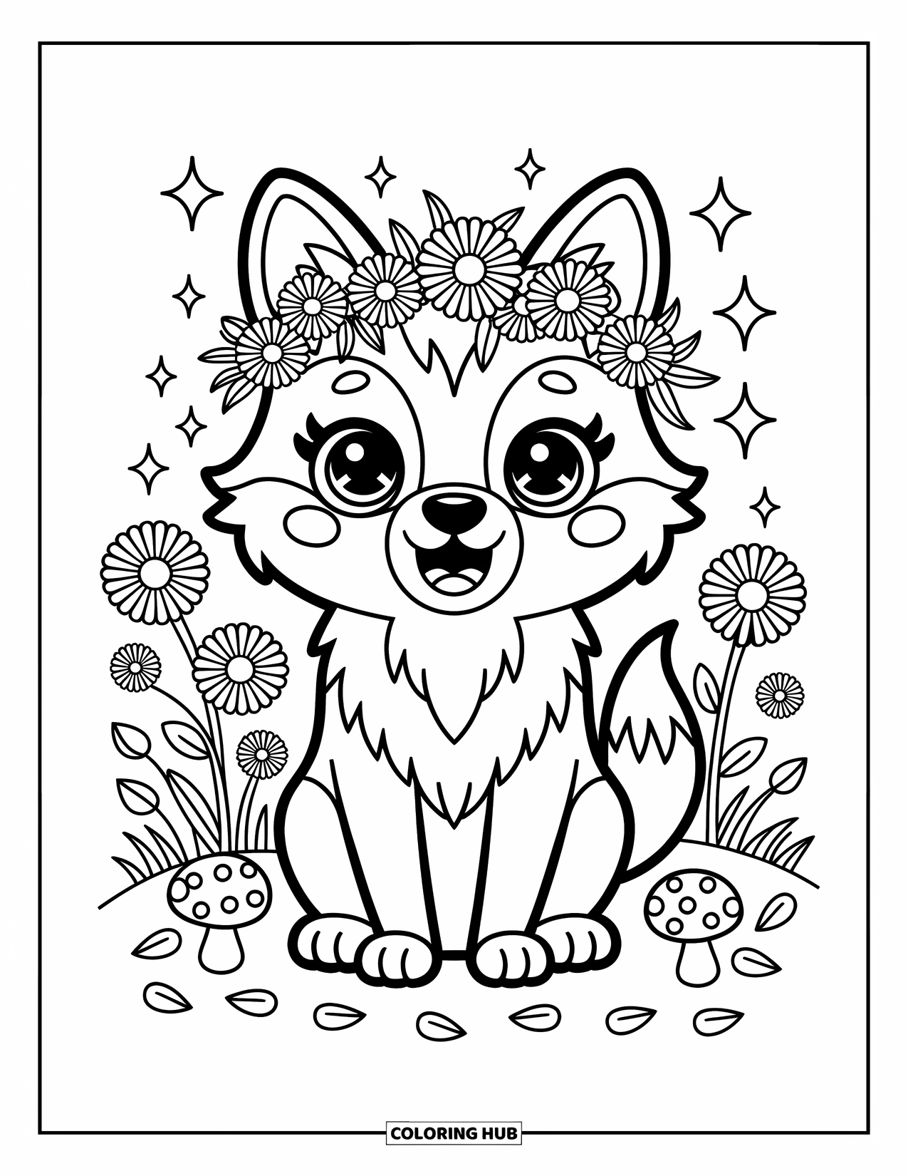 Kolorowanka z wilkiem dla dorosłych: Wilk w wianku z stokrotek siedzi szczęśliwie wśród kwiatów i grzybów