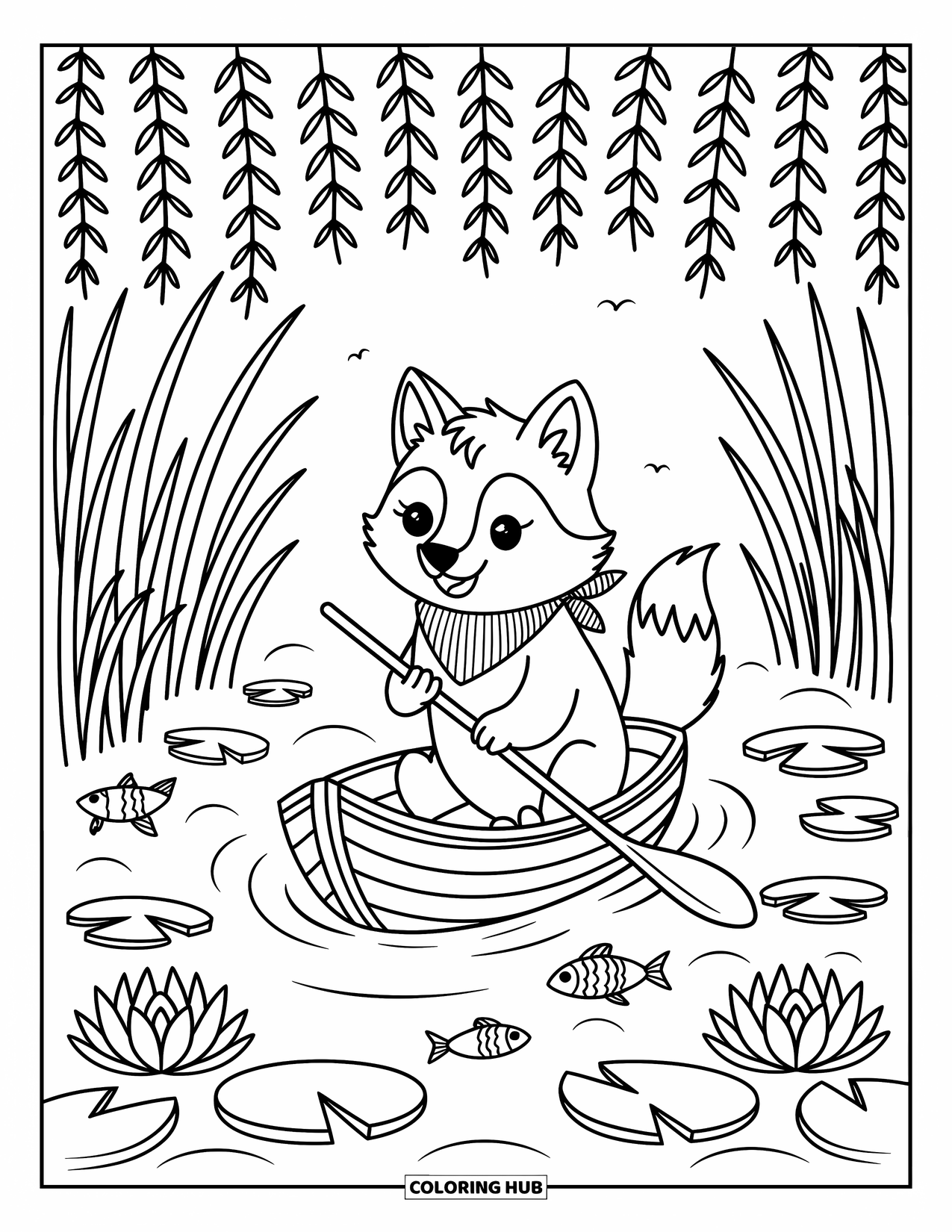 Kolorowanka z wilkiem dla dorosłych: Wilk w pasiastym bandanie wiosłuje małą łódką przez lilie wodne i ryby