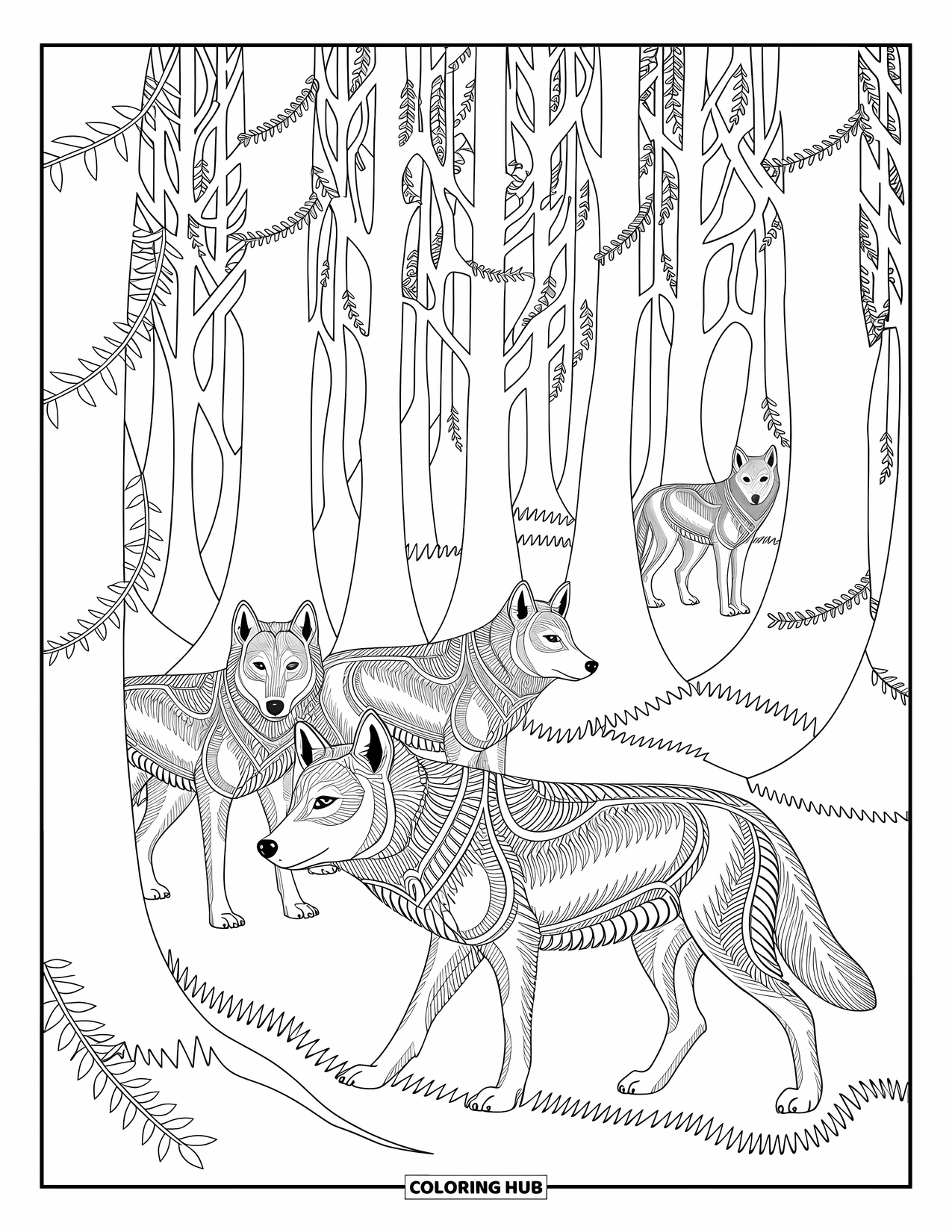 Kolorowanka z wilkiem dla dorosłych: Wataha wilków w gęstym lesie z misternymi wzorami i wysokimi drzewami