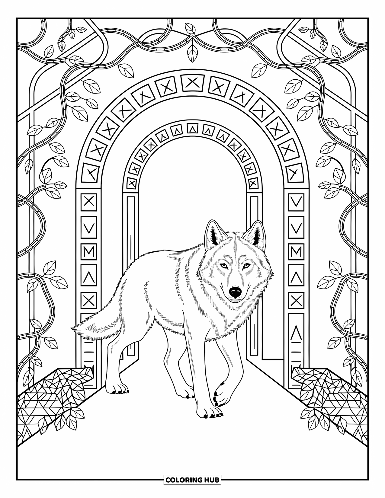 Kolorowanka z wilkiem dla dorosłych: Wilk przechodzący przez mistyczny łuk ze starożytnymi runami i szczegółowymi wzorami
